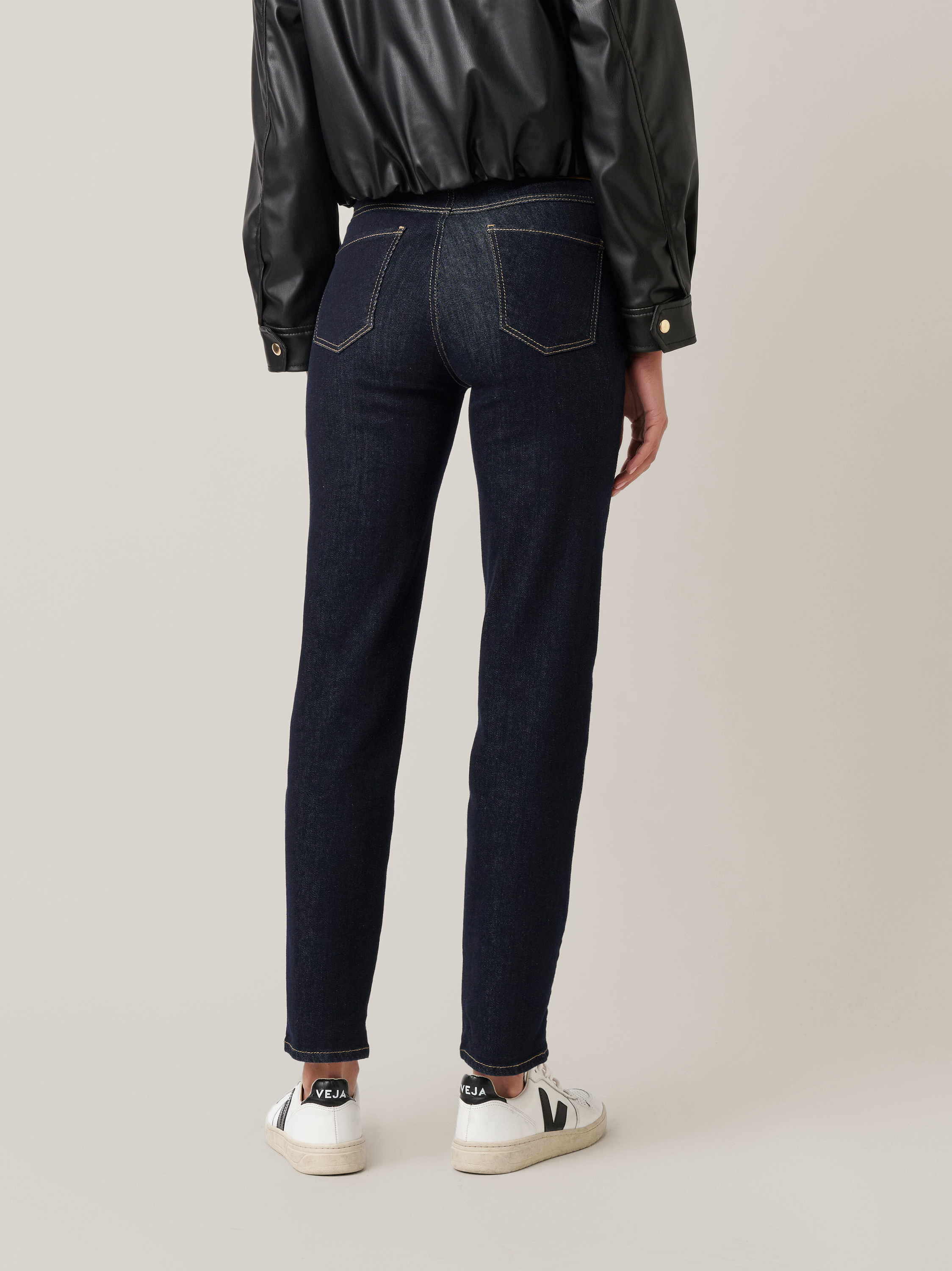 Womens jeans Audrey1 in navy, high waist jeans, back view worn by model