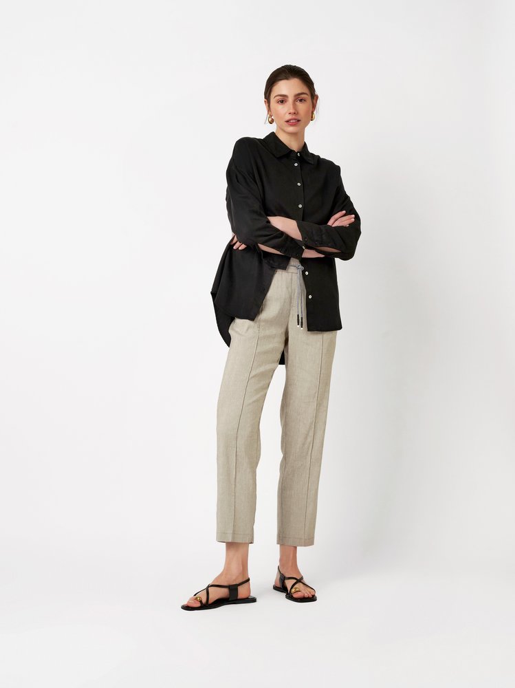 Womens trousers May Slim in taupe, slim-fit linen trousers, outfit view worn by model