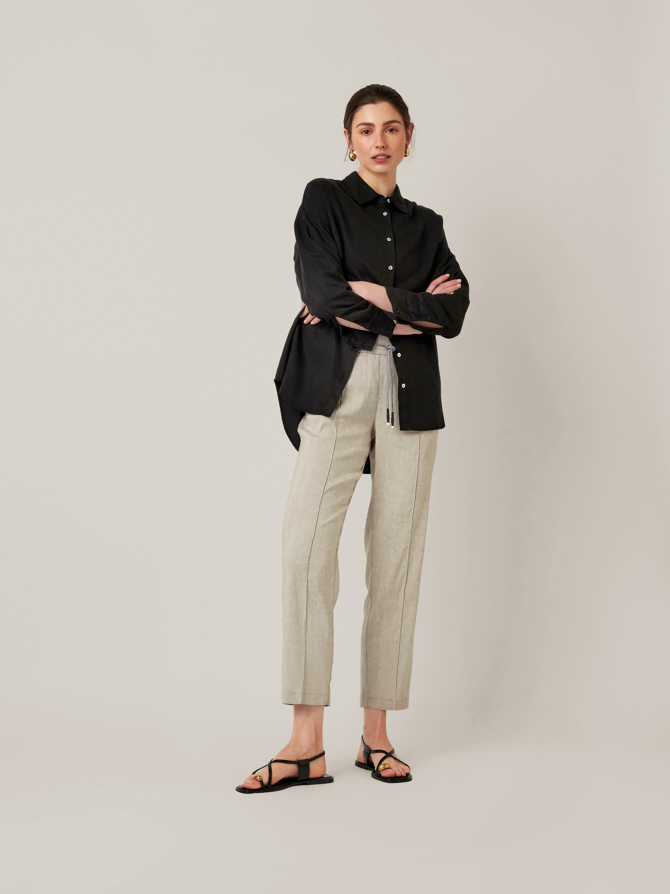 Womens trousers May Slim in taupe, slim-fit linen trousers, outfit view worn by model