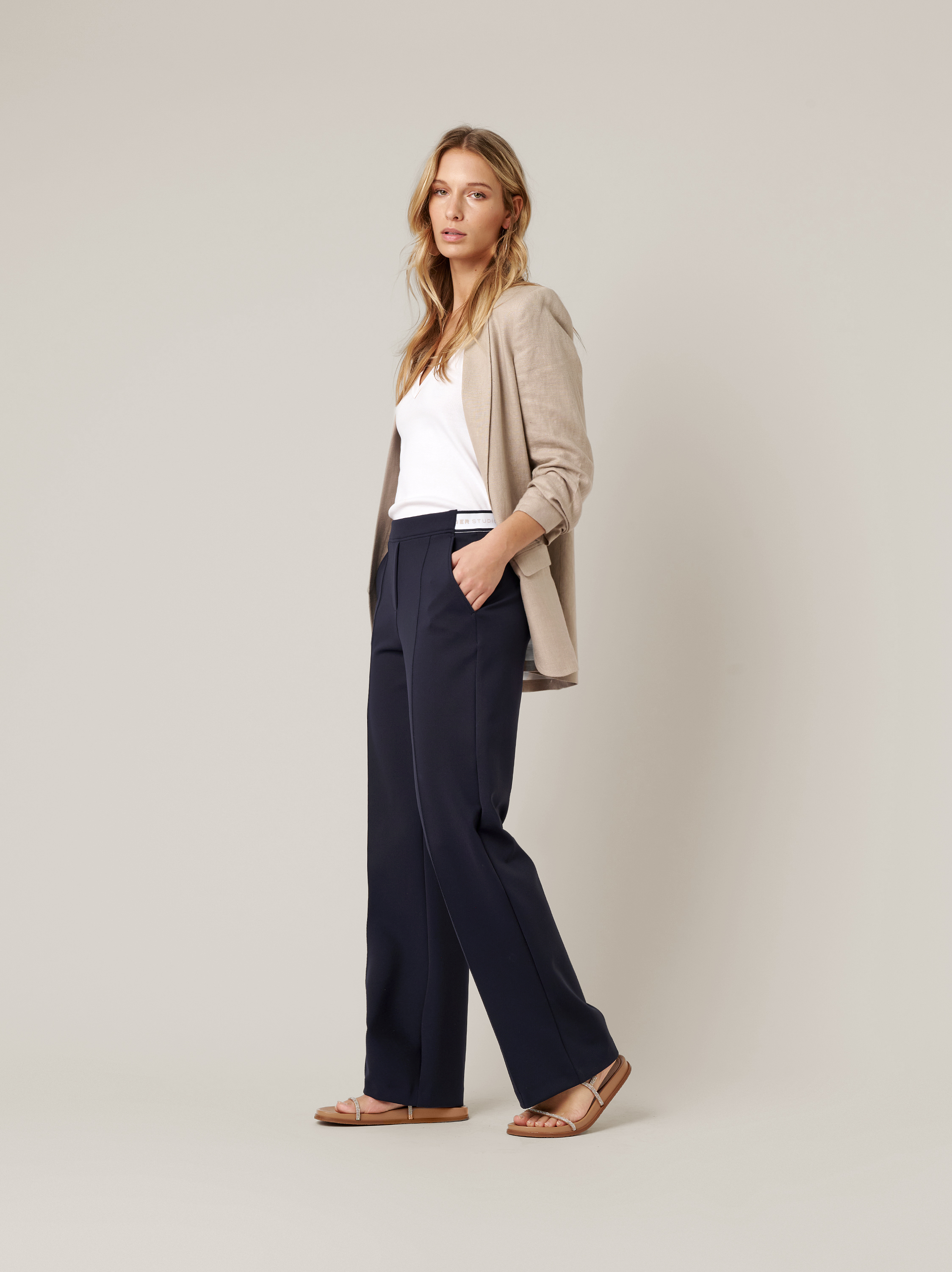 Womens trousers May Wide in navy, wide-leg scuba trousers, outfit view worn by model
