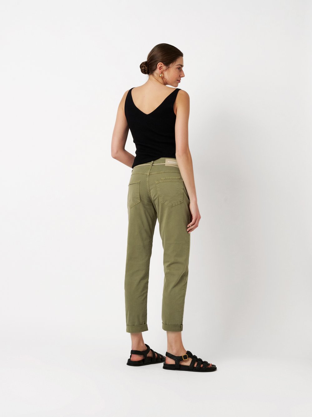 Womens jeans Masha Belt in khaki, summer trousers with tie belt and turn-up hem, back view worn by model