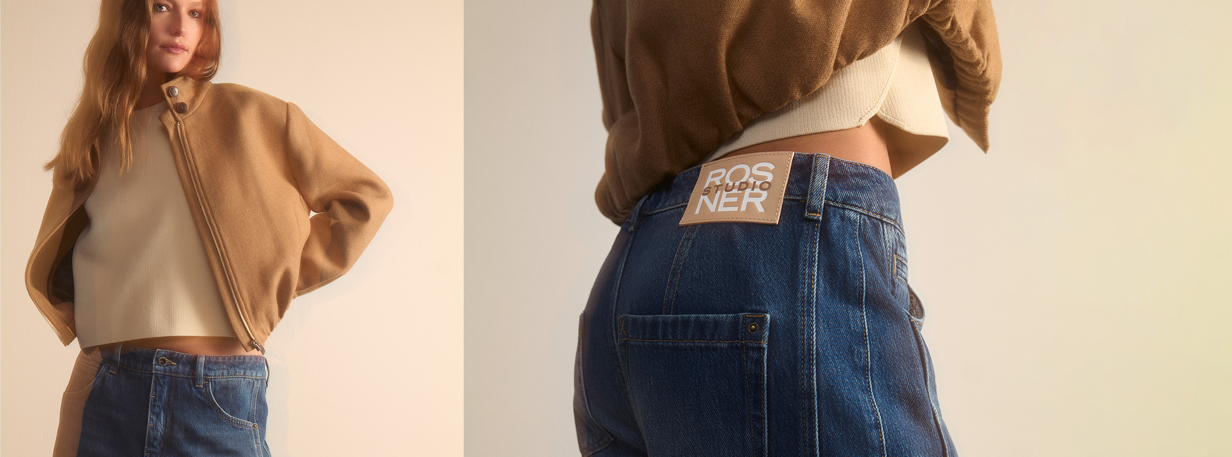 Jeans von ROSNER STUDIO – edgy. relaxed. relevant. Frau trägt moderne Jeans mit ROSNER STUDIO Patch – cleanes Denim-Statement mit urbaner Lässigkeit.