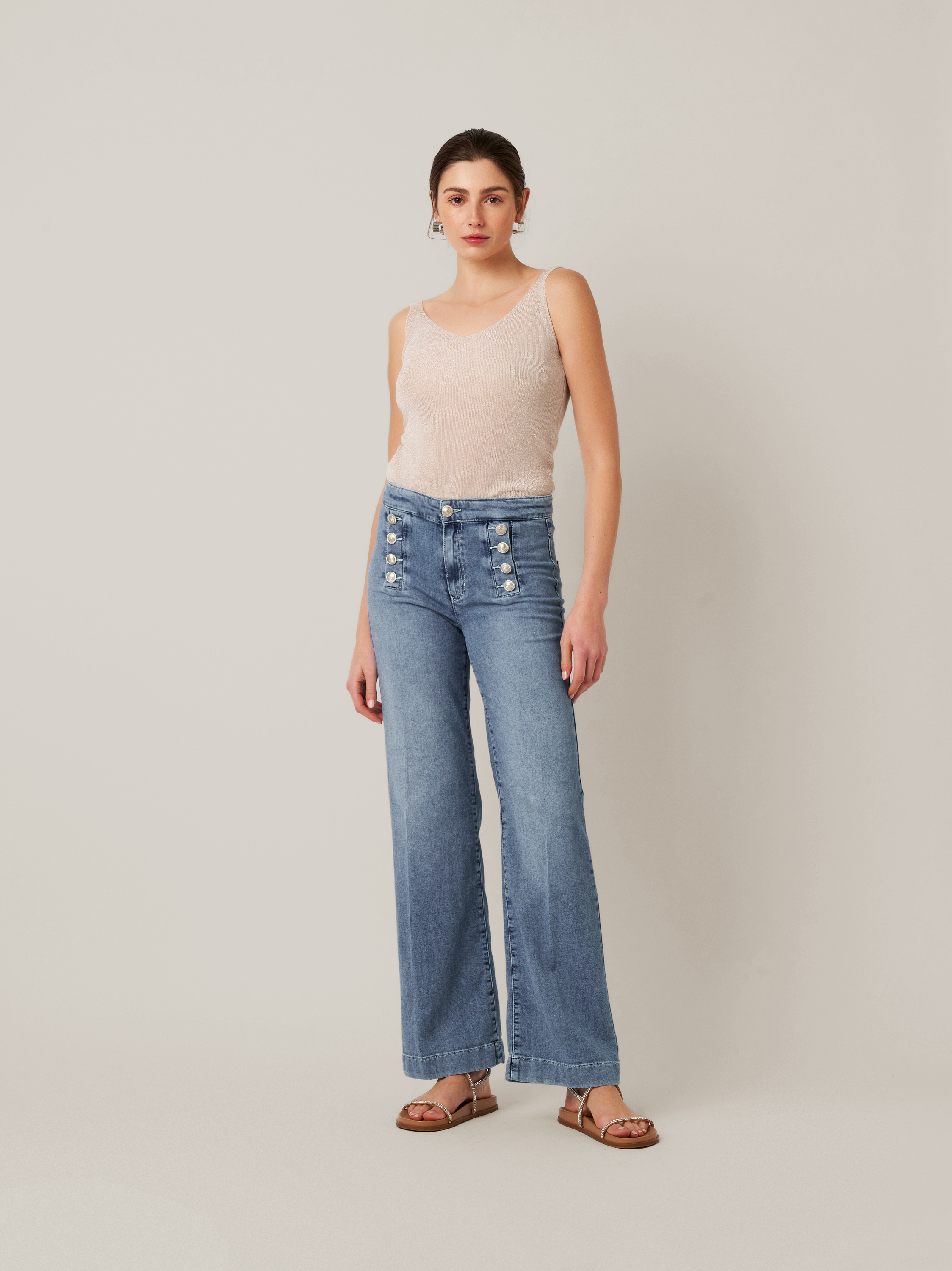 Womens jeans Audrey Sailor in bleached blue, bootcut jeans with sailor front, front view worn by model