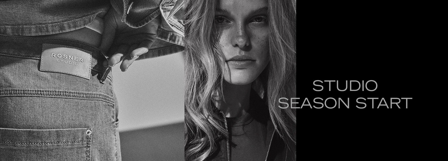 Close-up of leather label on jeans and portrait of a model – teaser for the season start at Rosner Studio.