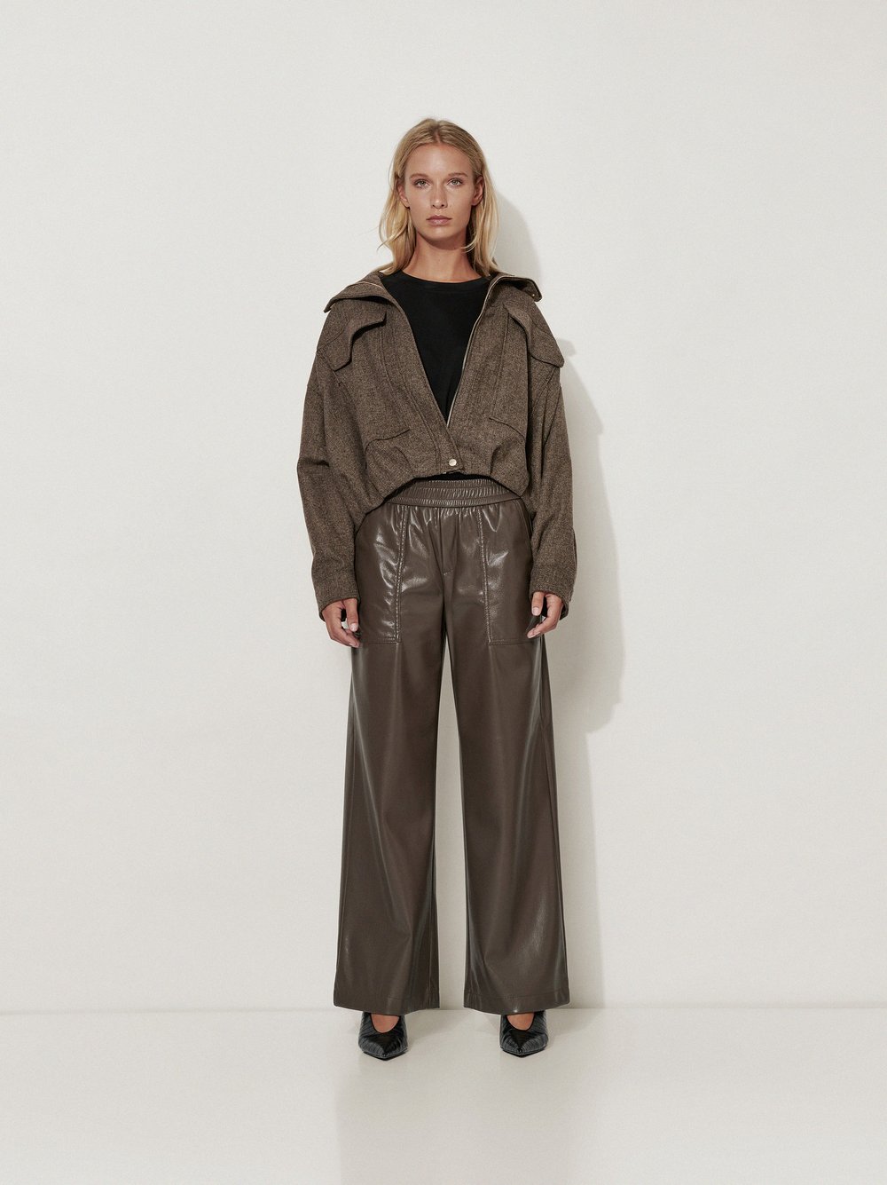 Womens trousers Mara Worker in Brown, wide-leg trousers in leather look, outfit view worn by model