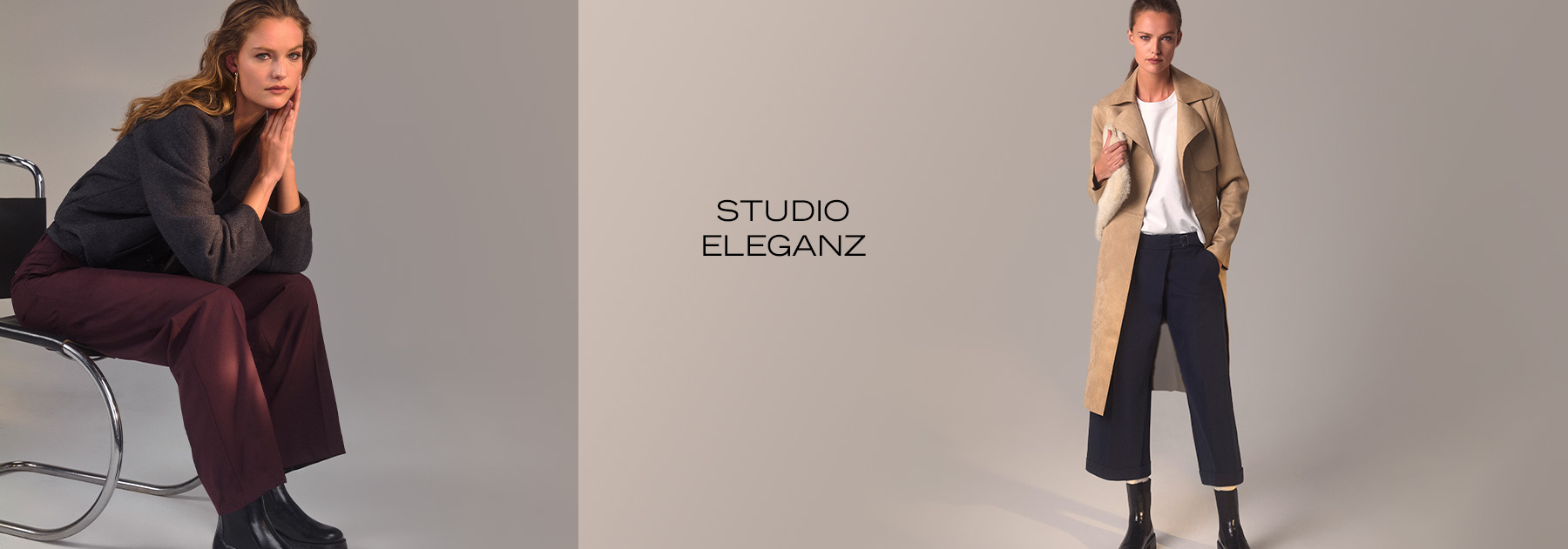 Modell trägt elegante Marlenehose mit Wollmantel und schwarzem Feinstrick – Teaser zur Landingpage Studio Eleganz von Rosner.