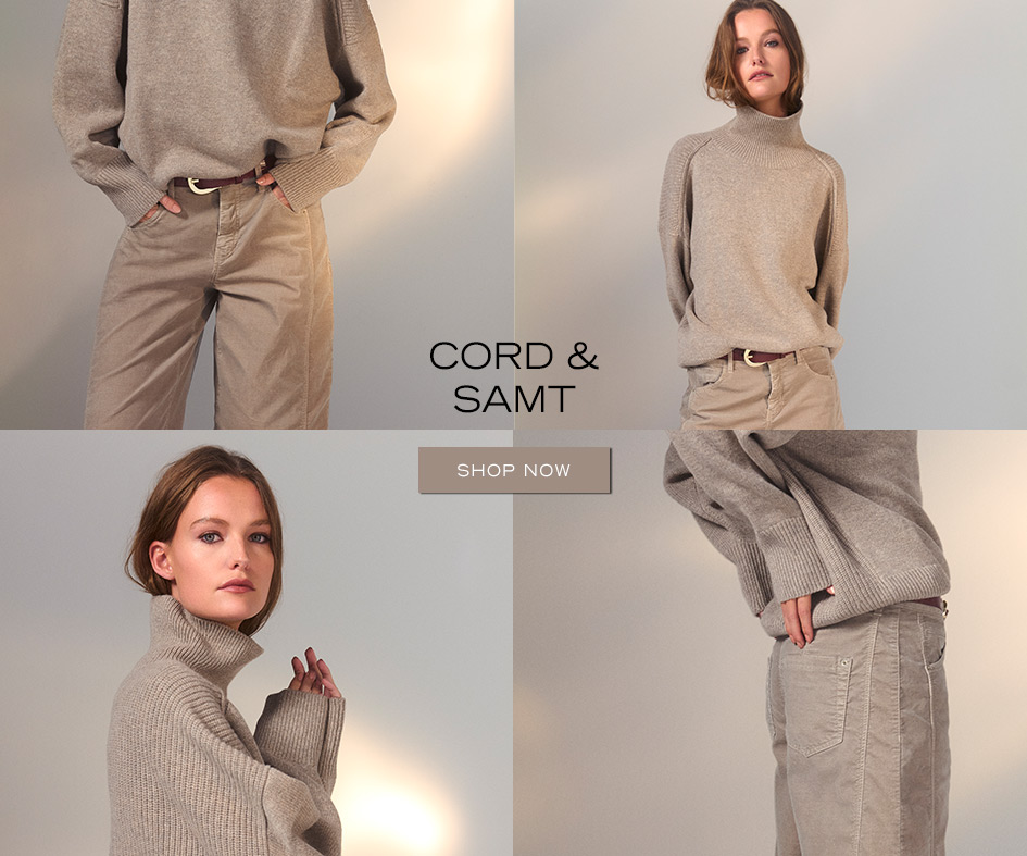 Frau trägt beigefarbene Cordhose und Rollkragenpullover – Visual zur ROSNER STUDIO Rubrik Cord & Samt.