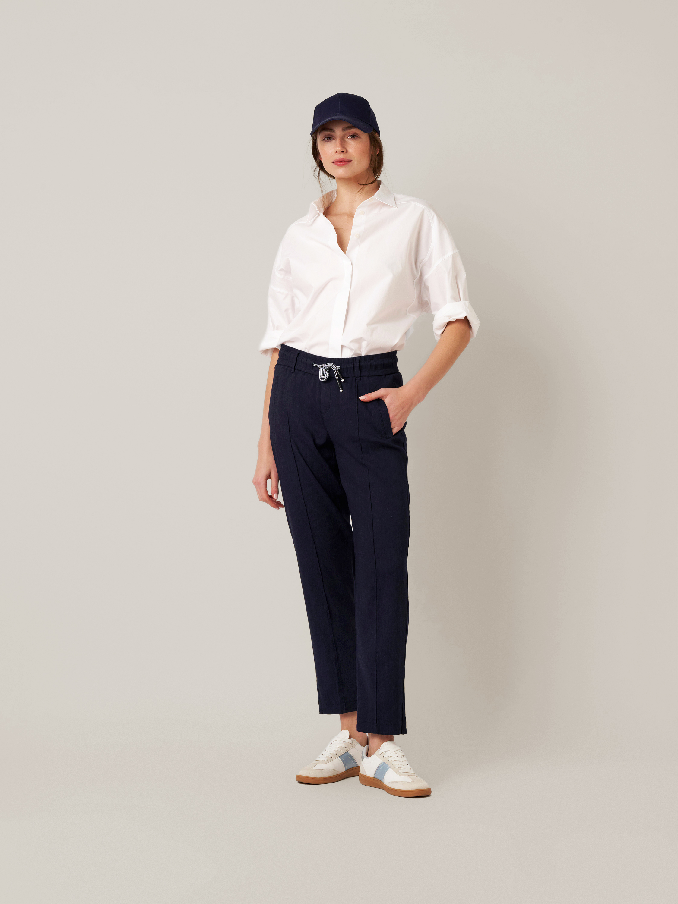Womens trousers May Slim in navy, slim-fit linen trousers, front view worn by model