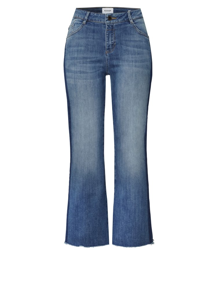 Womens jeans Antonia Bootcut in mid blue, jeans with raw hems and side stripes, product view