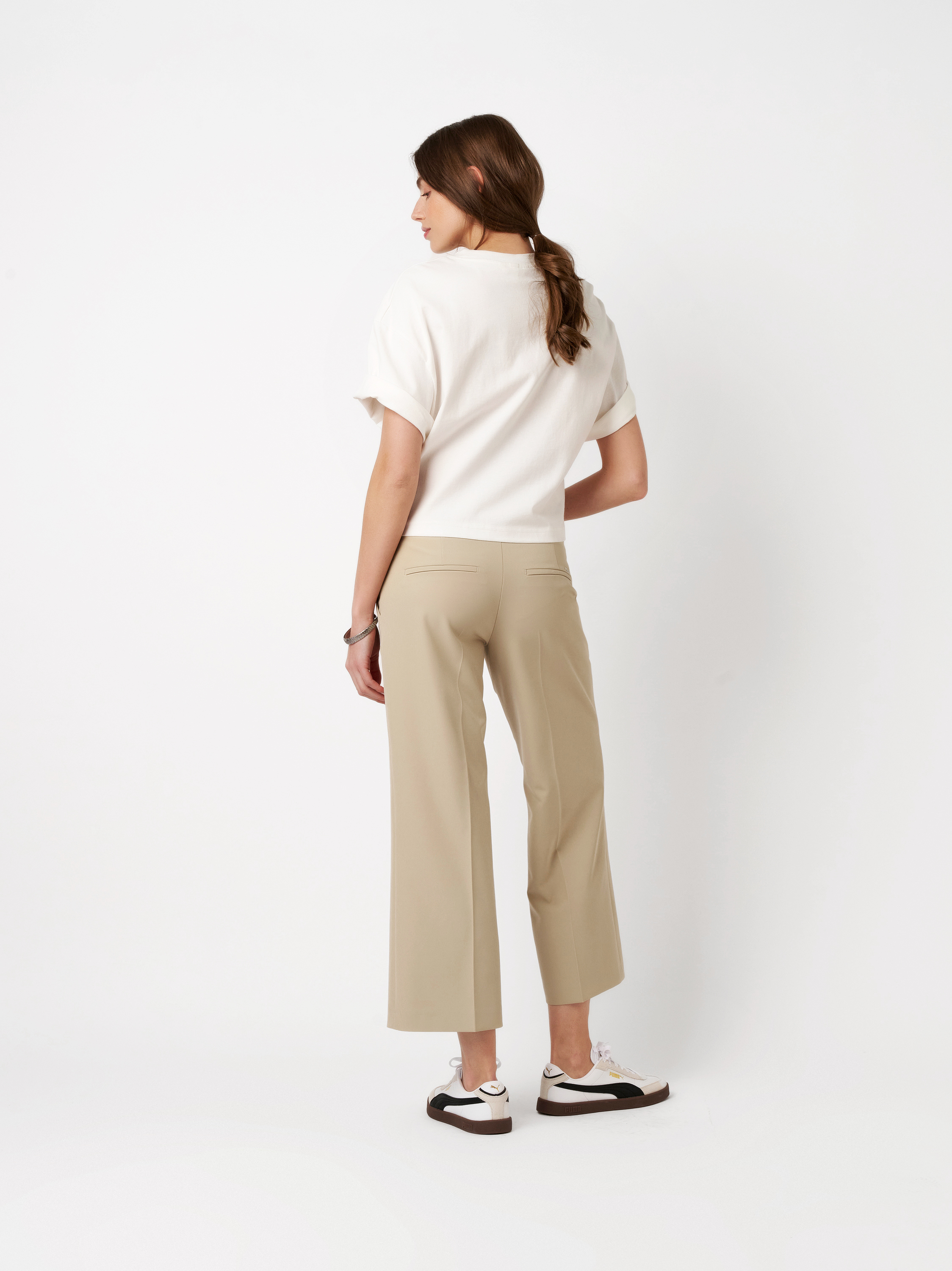 Womens trousers May Culotte in sand, fluid culottes in crepe, back view worn by model