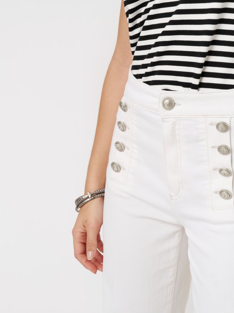 Womens jeans Audrey Sailor in white, bootcut jeans with sailor front, detail view