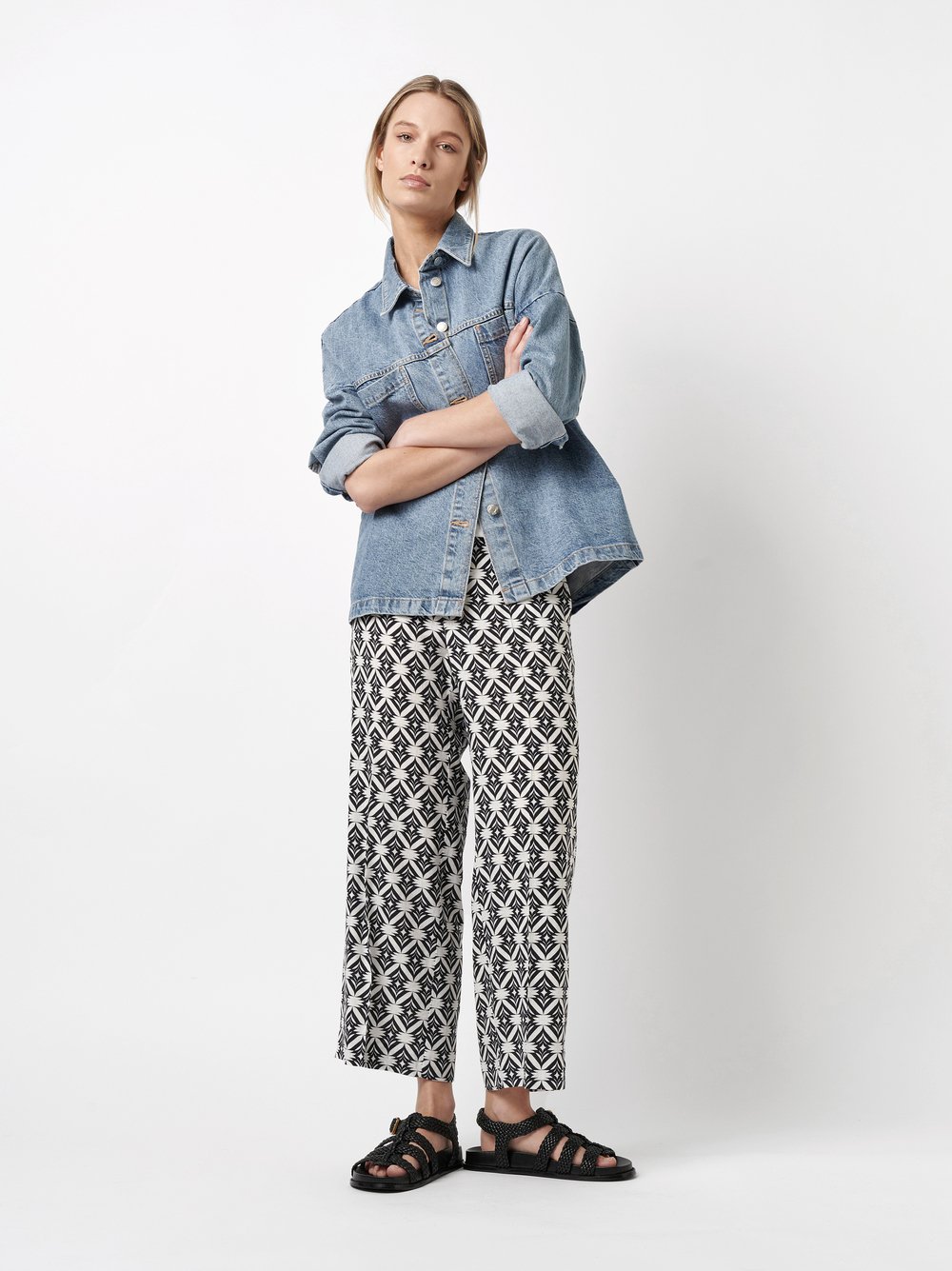 Gemusterte Leinen-Culotte | Style »May_305« offwhite/black