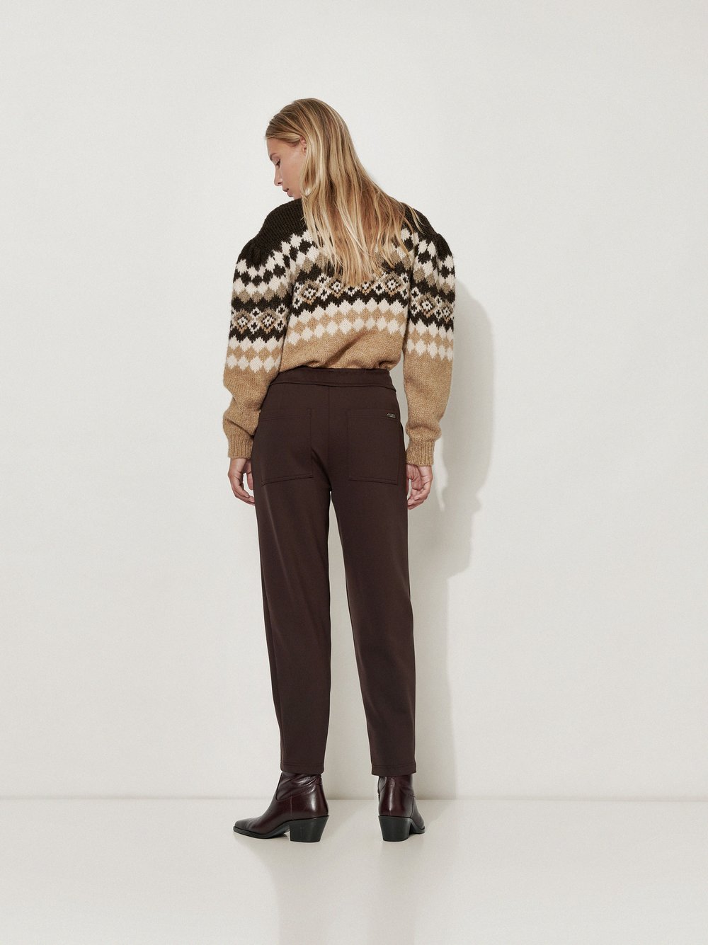 Womens trousers Mara Casual in Dark Brown, tapered-fit trousers in scuba fabric, back view worn by model
