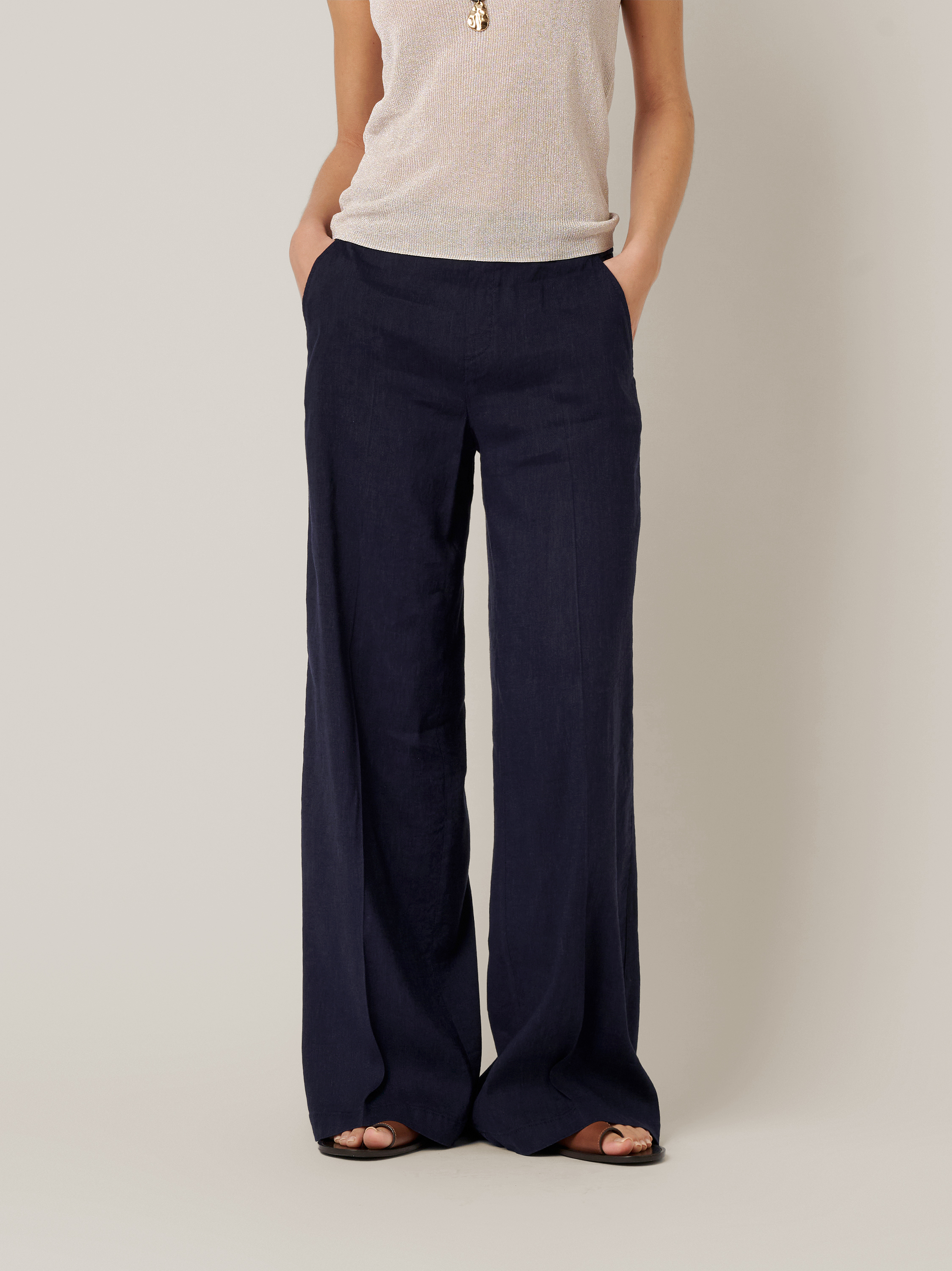 Womens trousers Mara Wide in navy, wide-leg linen trousers, front view worn by model