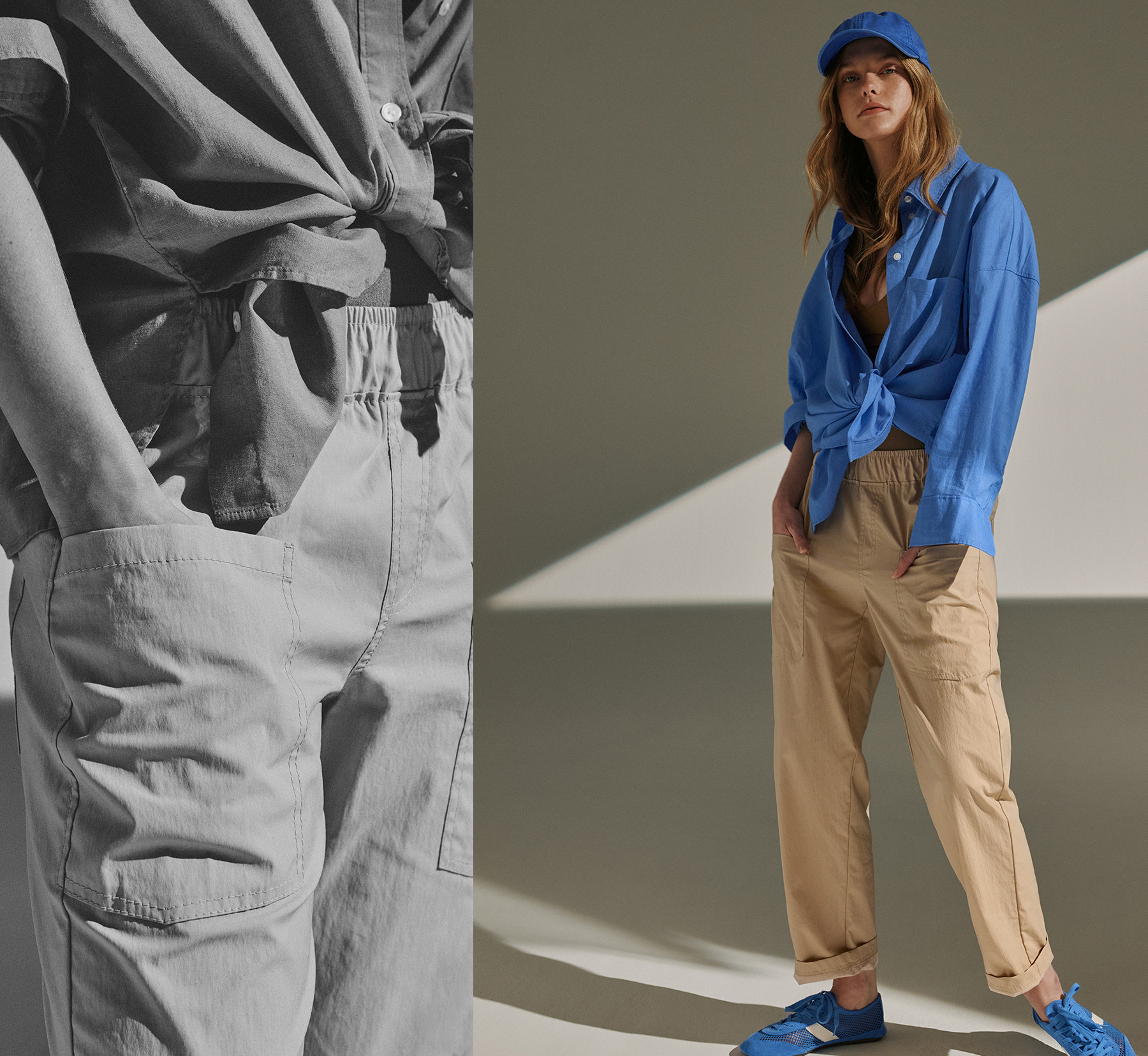 Collage featuring a model in a utility look with jacket and trousers plus pocket detail – teaser for the Rosner Soft Utility collection