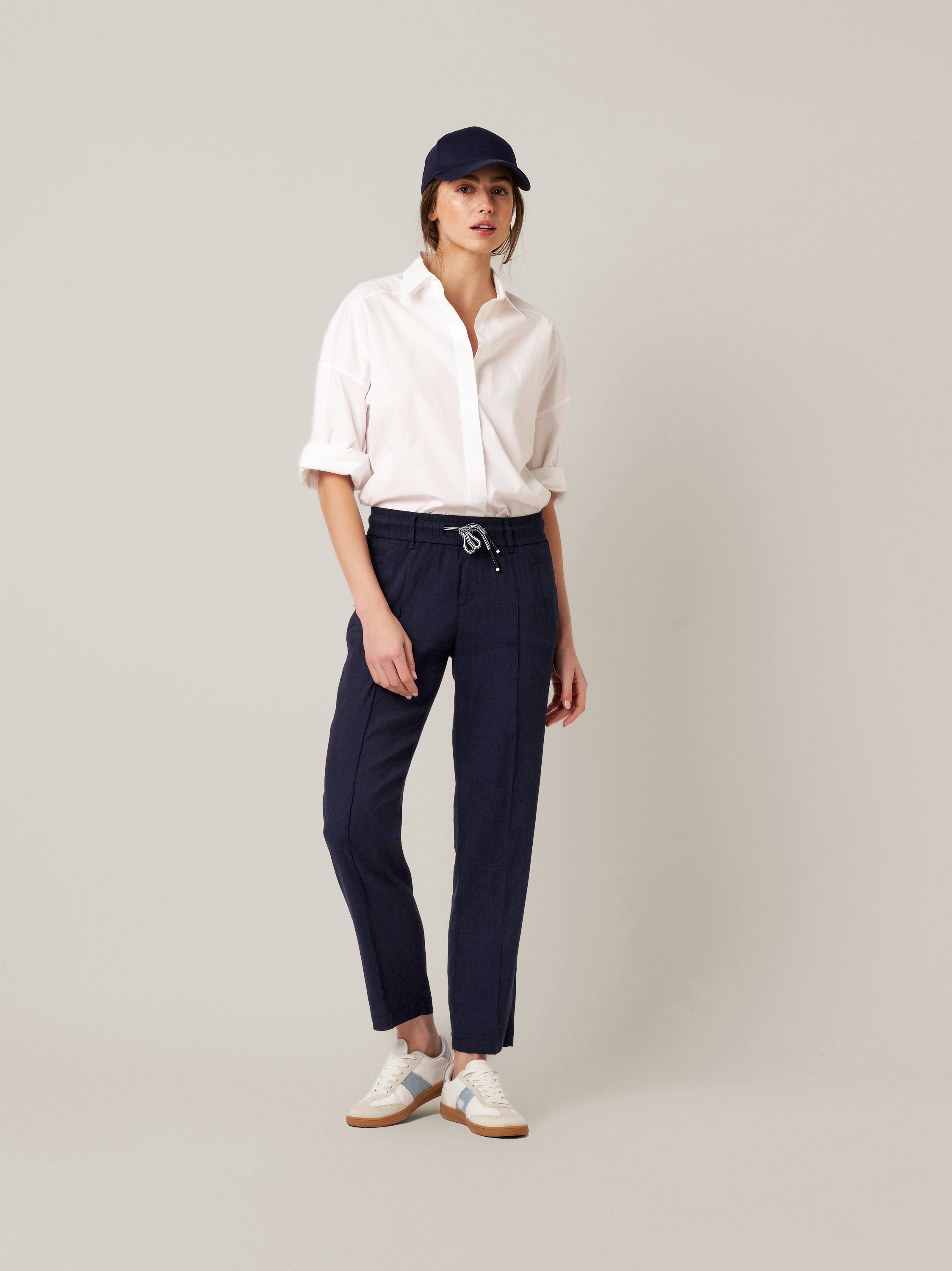 Womens trousers May Slim in navy, slim-fit linen trousers, outfit view worn by model