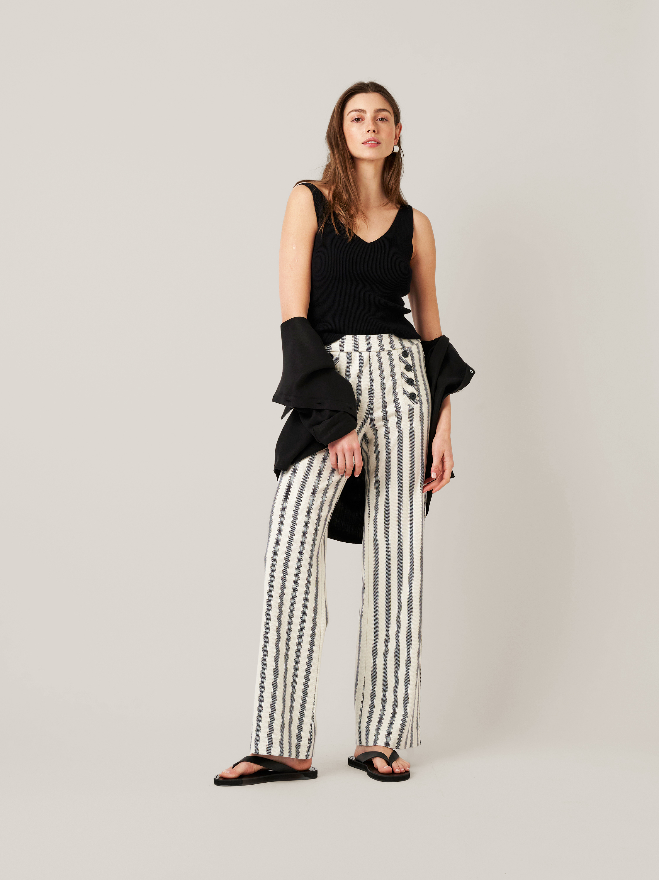 Womens trousers Audrey Sailor in navy / offwhite, striped bootcut trousers with sailor front, outfit view worn by model