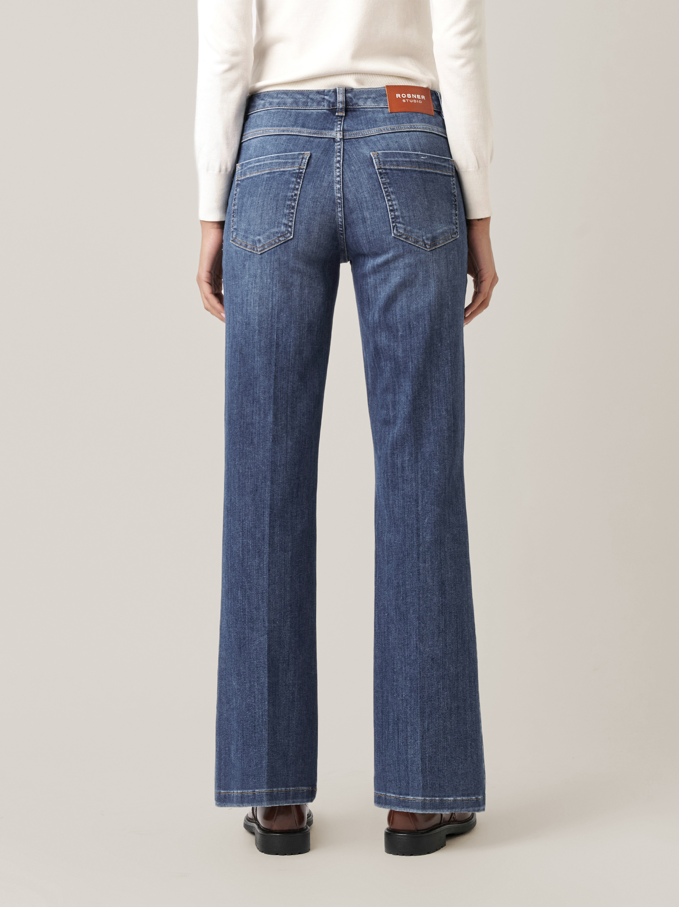 Womens jeans Antonia_341 in mid blue, bootcut jeans with pleats, back view worn by model