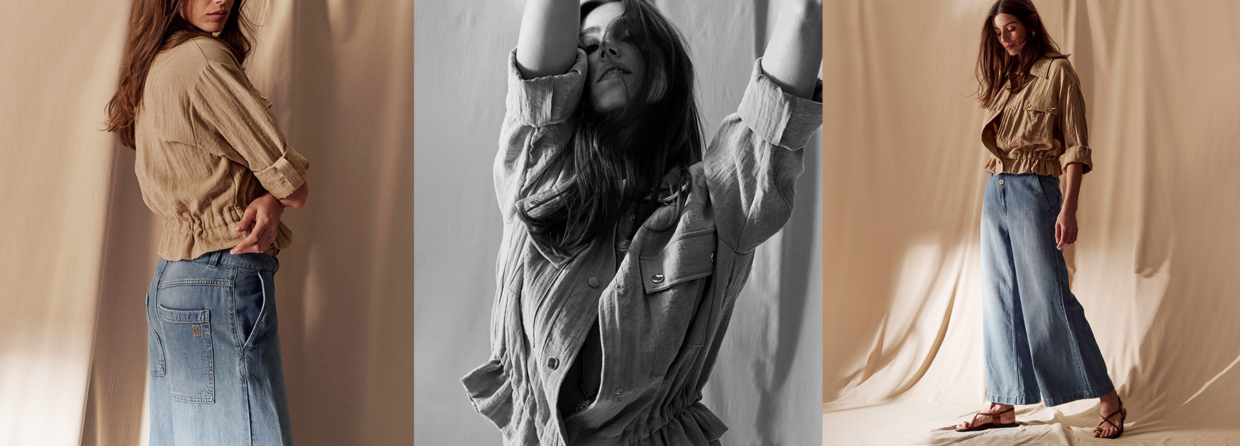Model wears wide-leg jeans and a lightweight utility jacket in a natural studio setting – header for Shop All by ROSNER