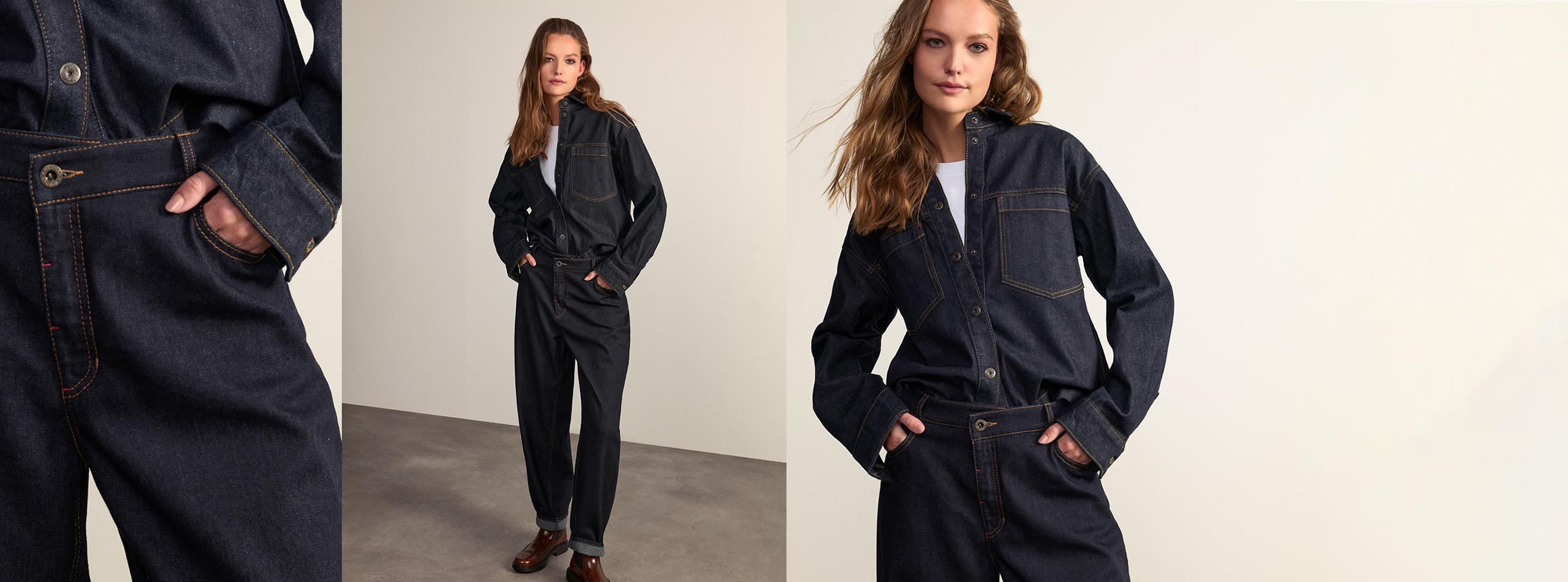 Woman wearing dark barrel-fit jeans with matching denim shirt – key visual for the new denim trend by ROSNER STUDIO.