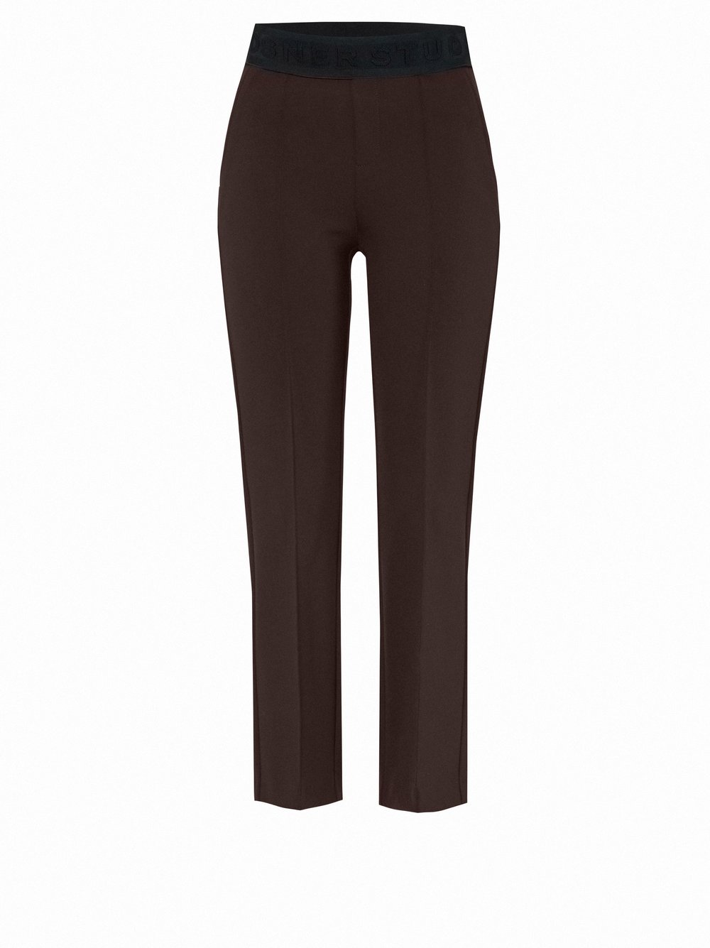 Damenhose Alisa Slim in Dunkelbraun, slim-Fit Hose aus leichter Scubaqualitaet, freigestellte Produktansicht