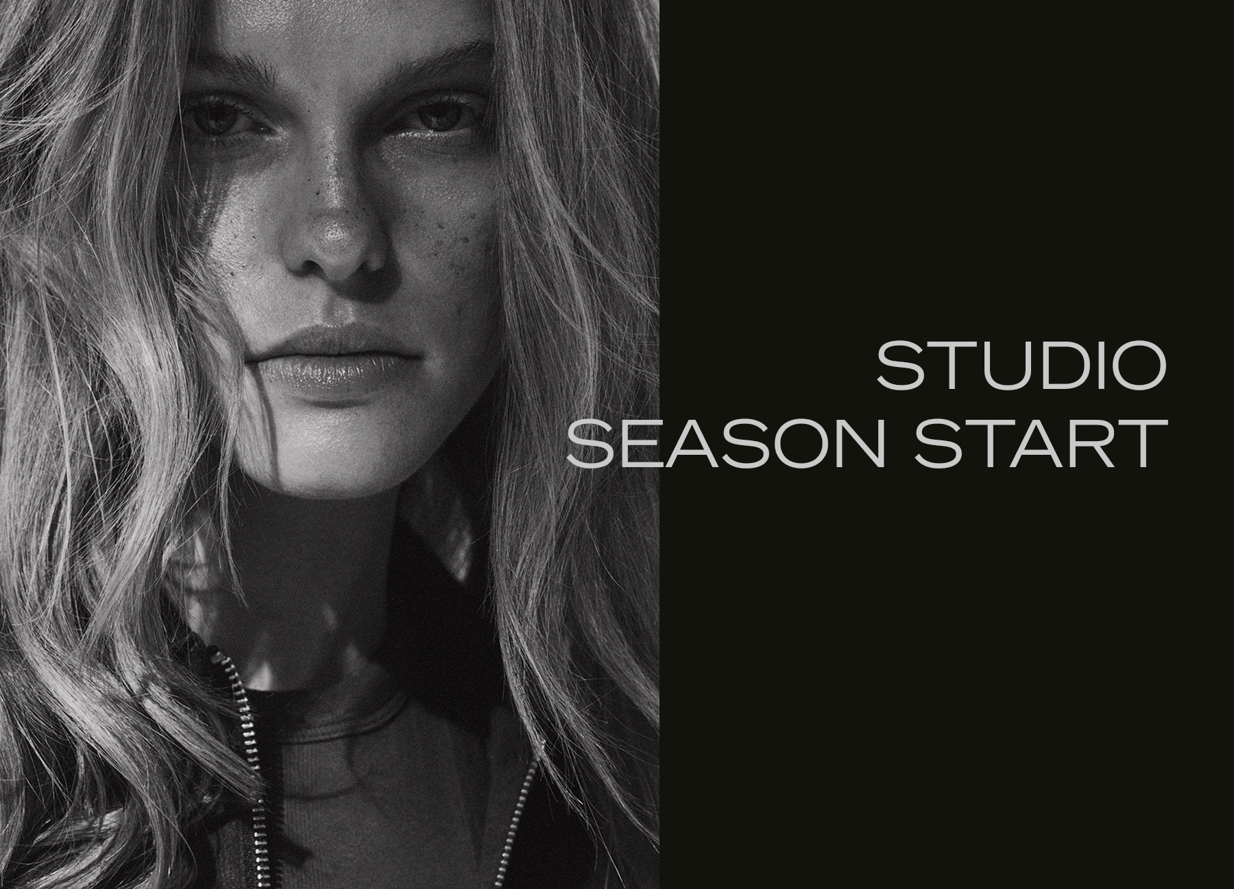 Close-up of leather label on jeans and portrait of a model – teaser for the season start at Rosner Studio.