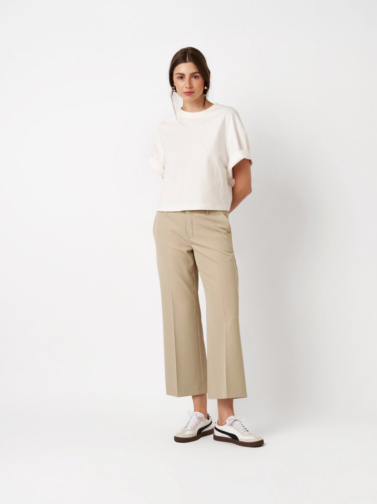 Womens trousers May Culotte in sand, fluid culottes in crepe, front view worn by model