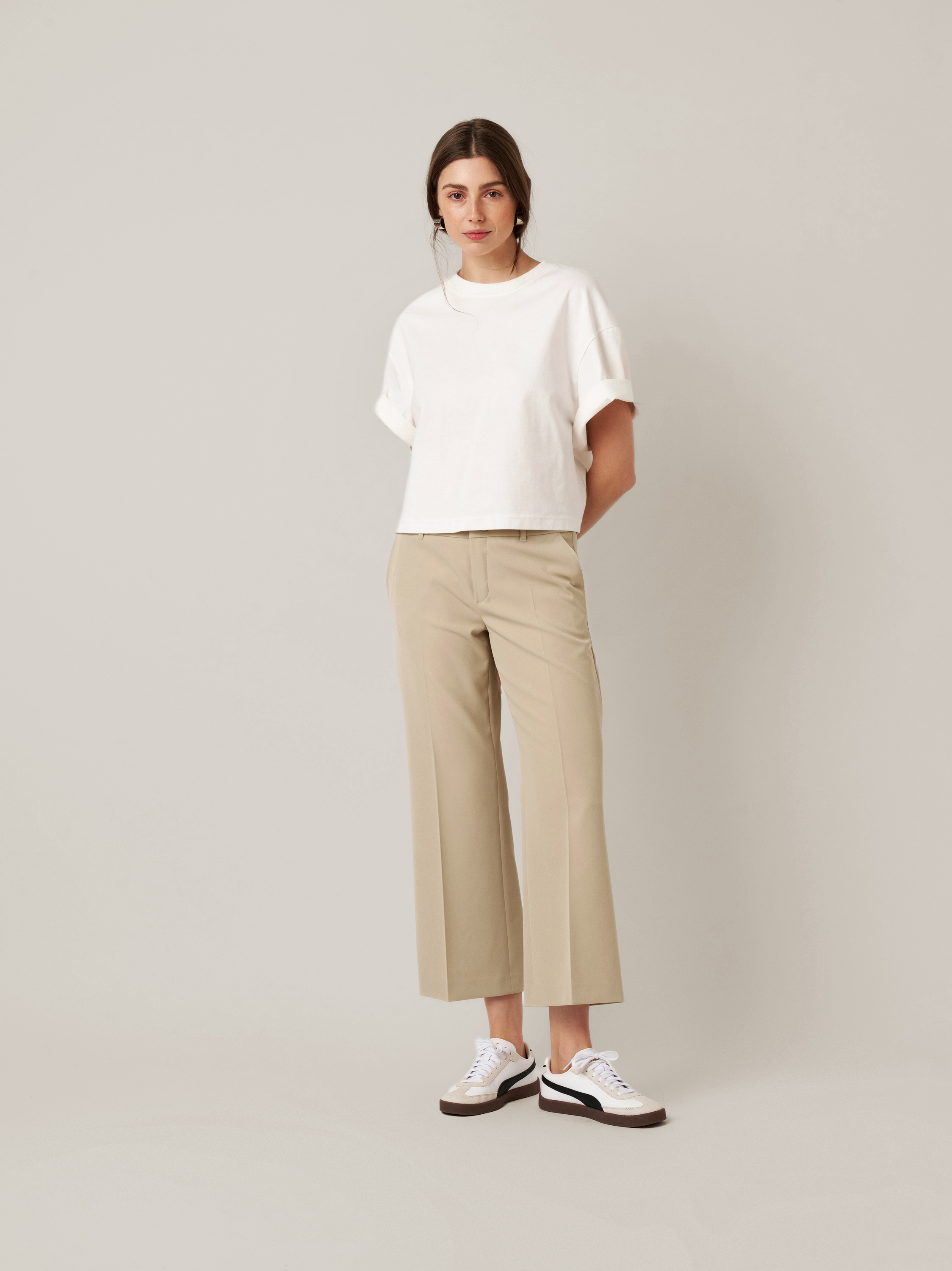 Womens trousers May Culotte in sand, fluid culottes in crepe, front view worn by model