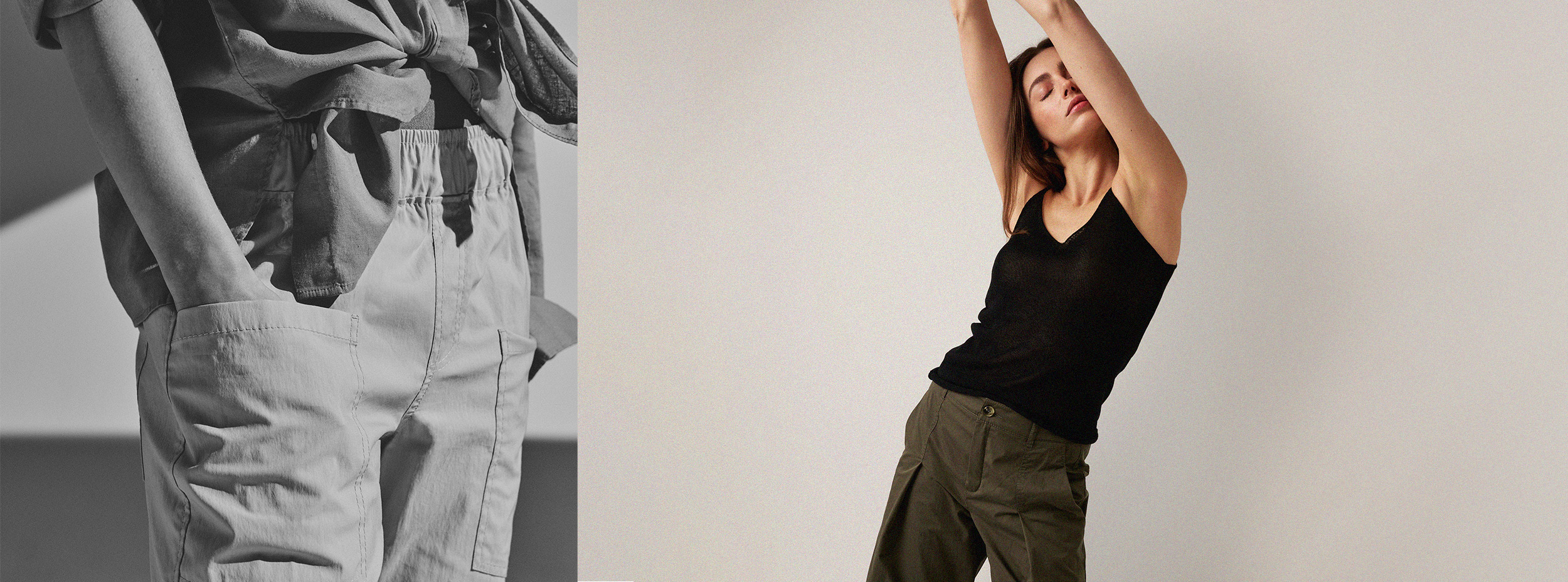Modell trägt moderne Hose mit Utility-Details und schlichtes Top – Teaser zur New In Landingpage von Rosner Studio.