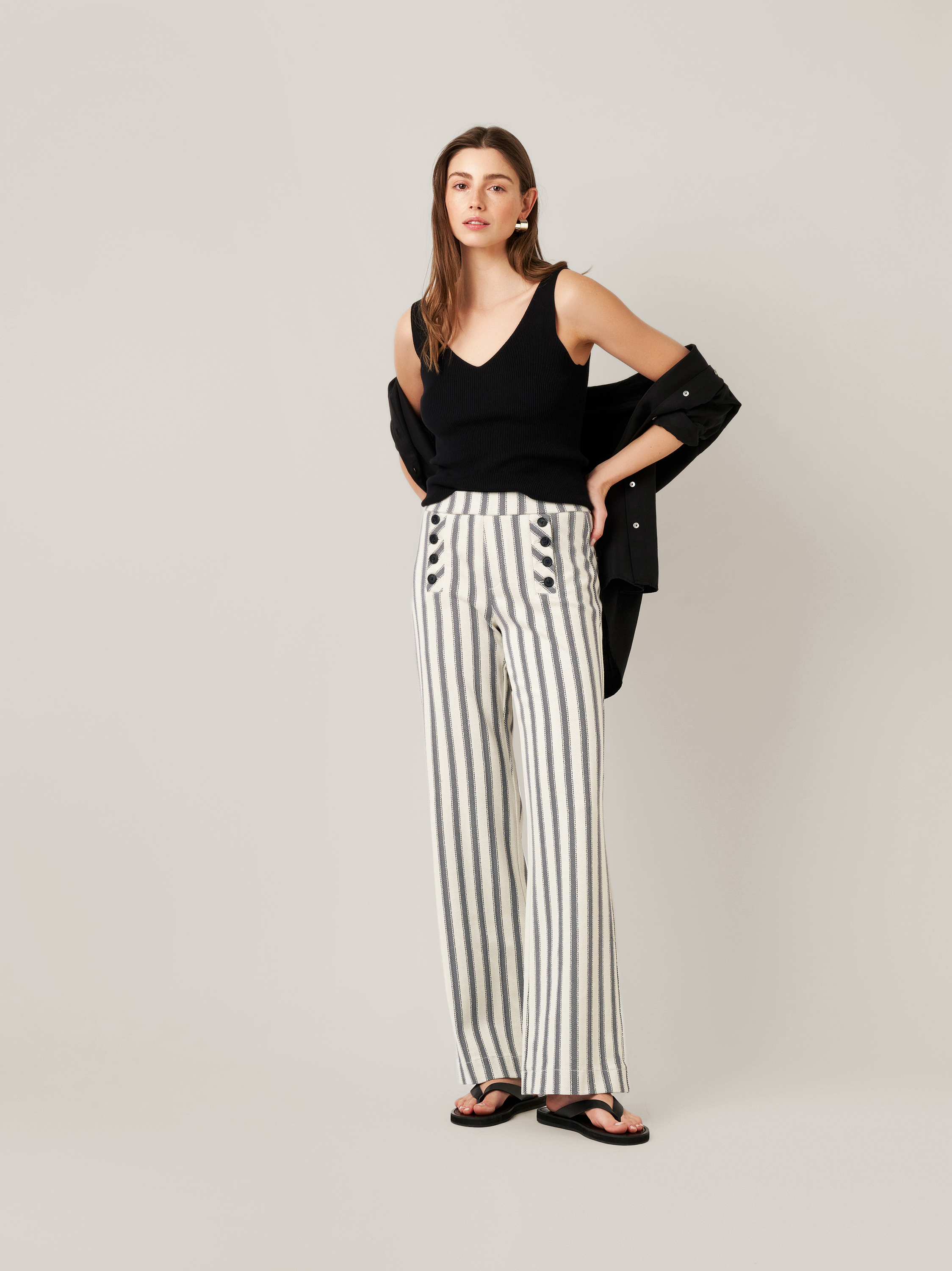 Womens trousers Audrey Sailor in navy / offwhite, striped bootcut trousers with sailor front, front view worn by model