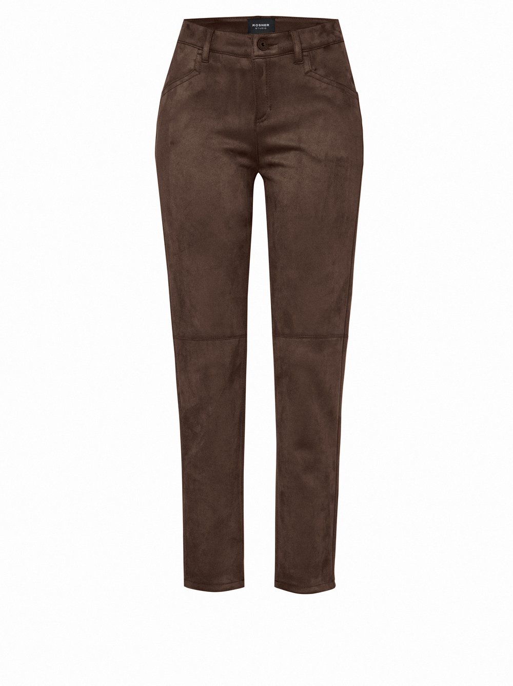 Damenhose Alisa Slim in Dunkelbraun, slim-Fit in Velourleder-Optik, freigestellte Produktansicht