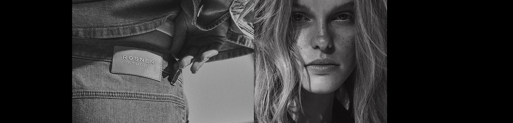Black-and-white image featuring a close-up of ROSNER jeans and a portrait of a woman – teaser for the newsletter sign-up with a €10 voucher