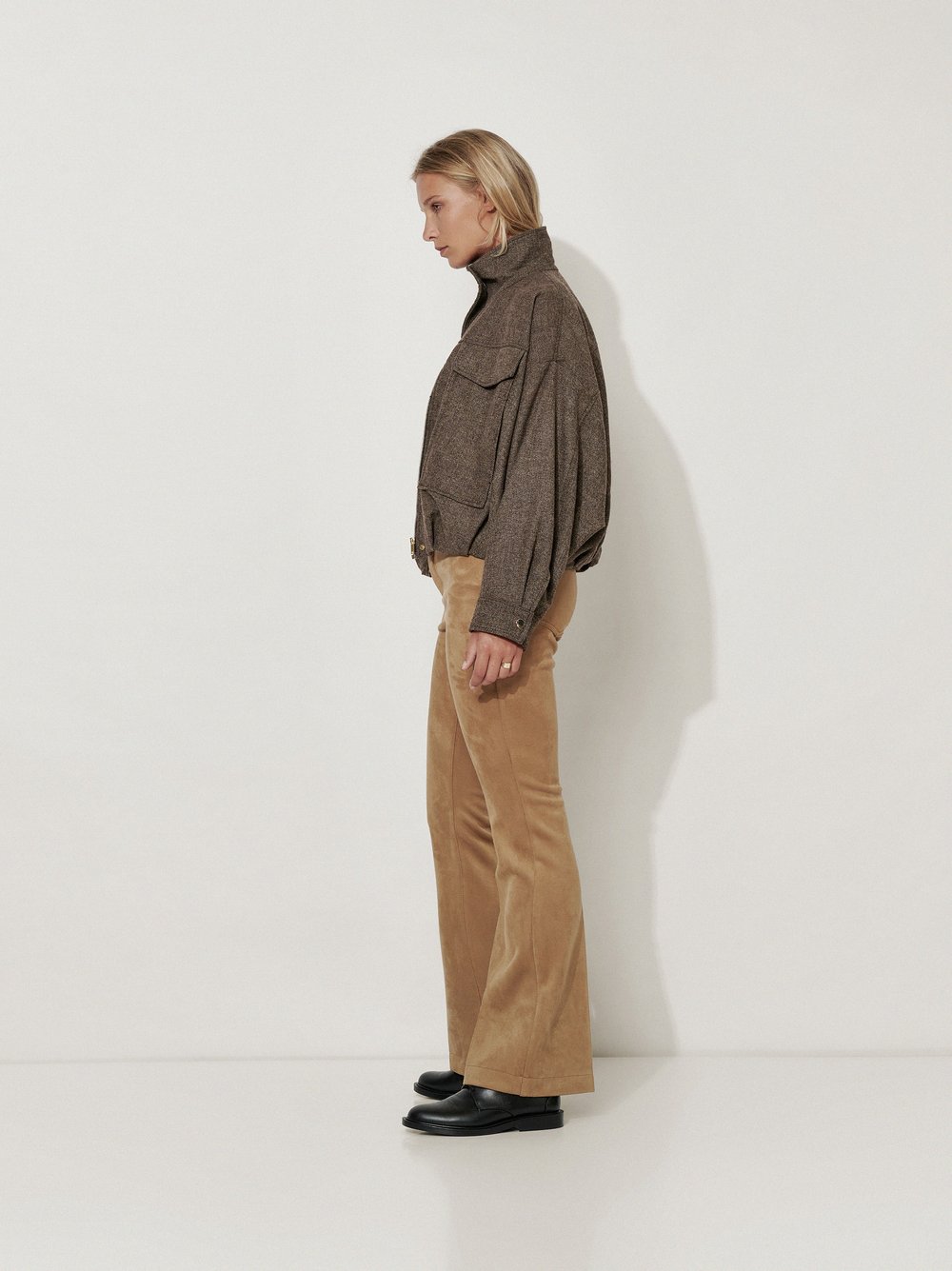 Womens trousers Antonia Bootcut in Camel, bootcut trousers in suede look, front view worn by model