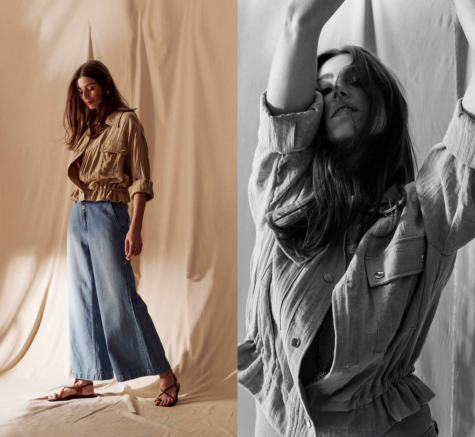 Model wears wide-leg jeans and a lightweight utility jacket in a natural studio setting – header for Shop All by ROSNER