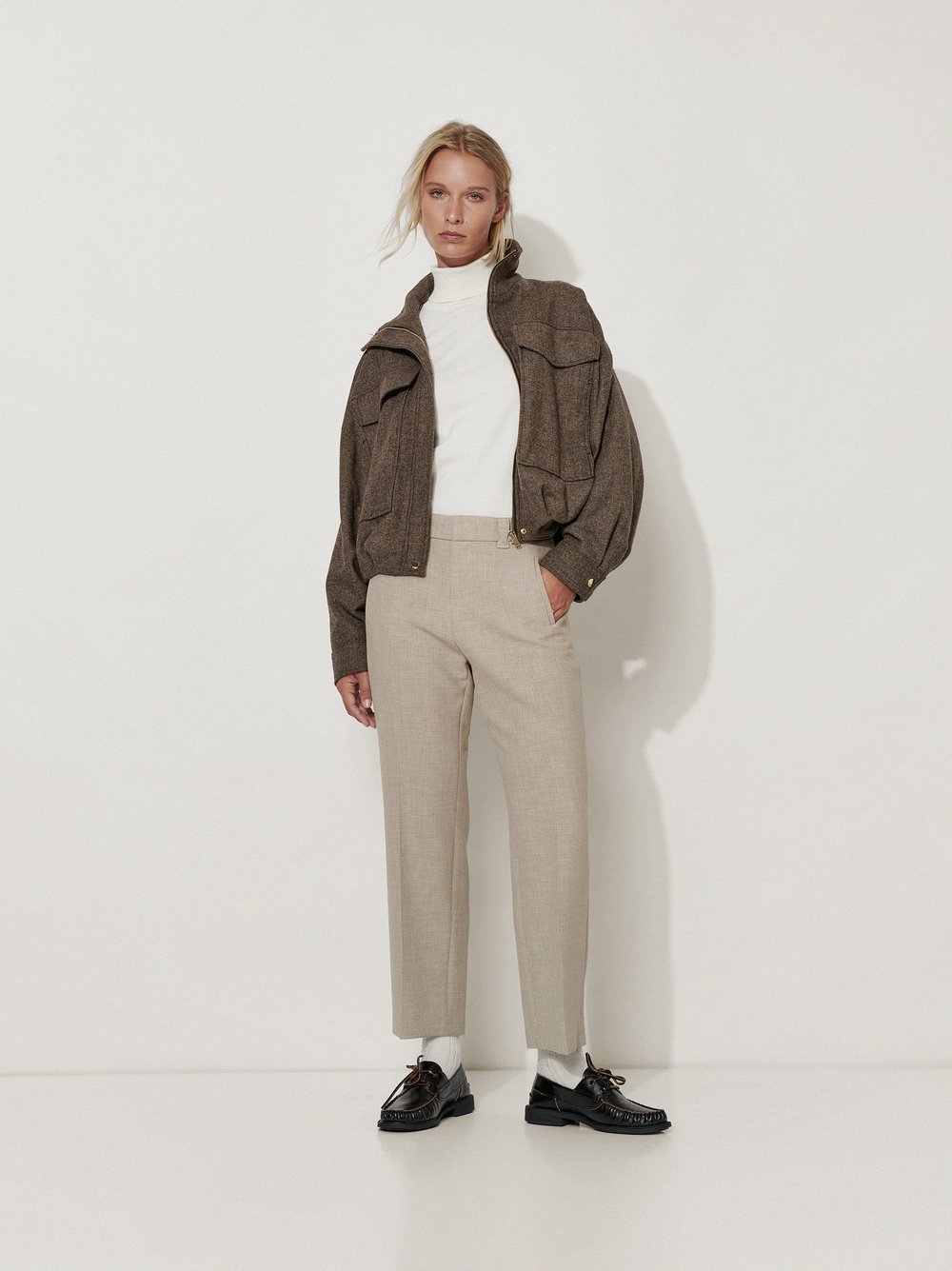 Womens trousers May Fashion in Sand, straight-leg tailoring trousers, outfit view worn by model