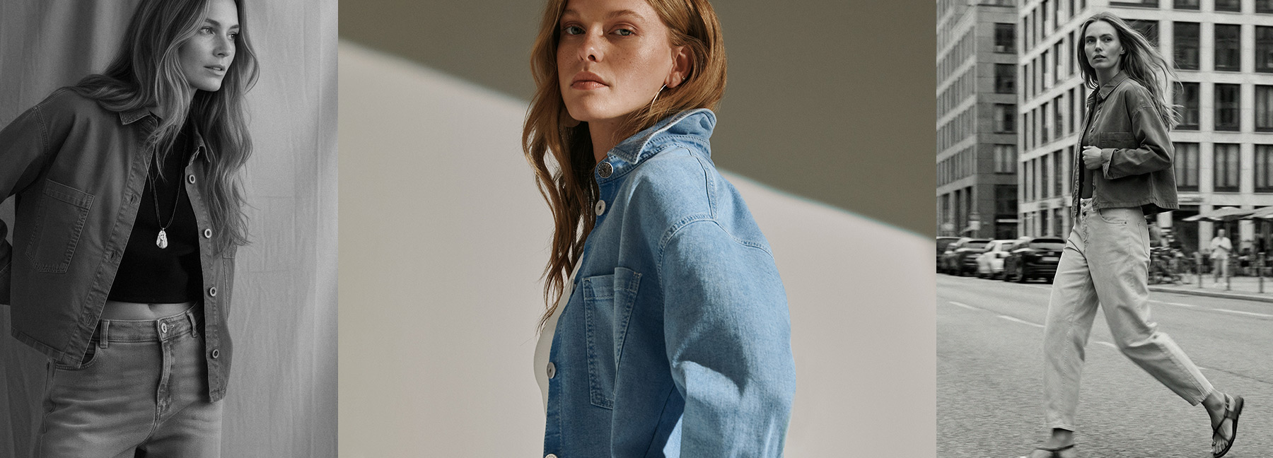 Model wearing a cropped denim jacket in a modern layered look – teaser for the Jamie denim jacket by Rosner.