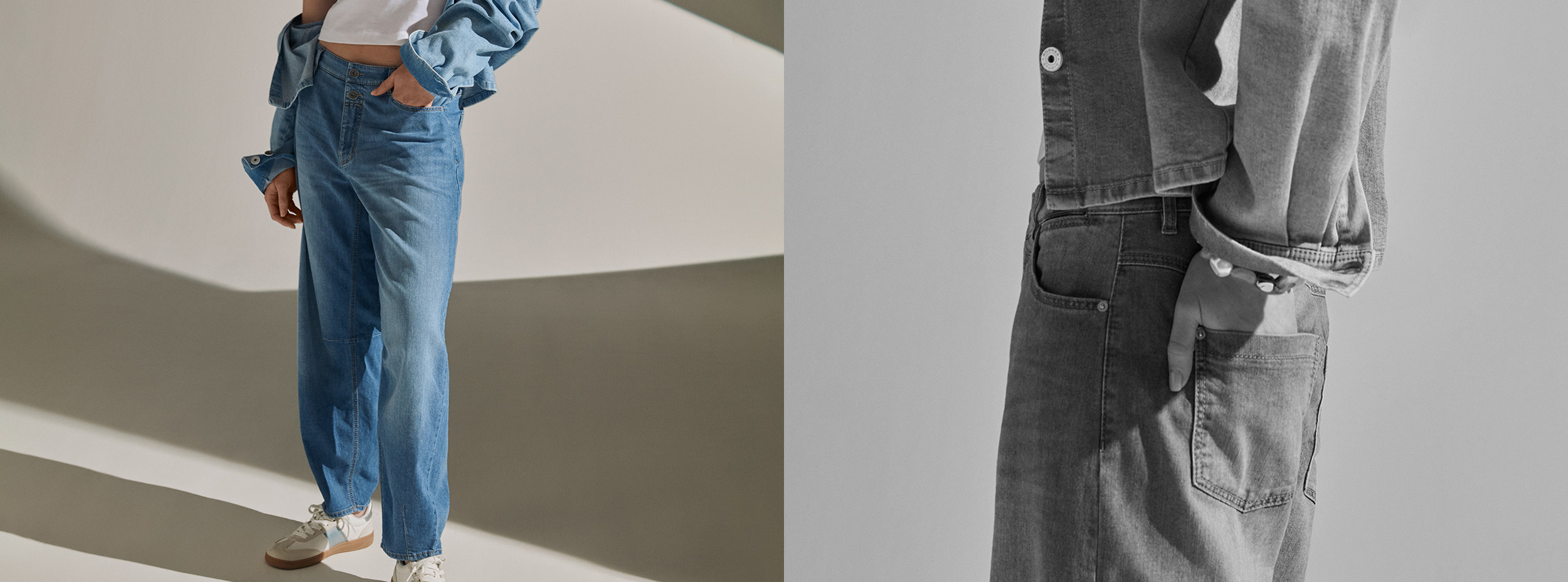 Model wearing barrel-fit jeans with modern volume and a relaxed denim look – teaser for Rosner Studio’s barrel-fit category.