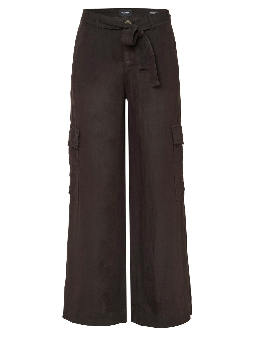 Womens trousers Mara Wide in dark brown, wide-leg linen trousers with cargo pockets and tie, product view