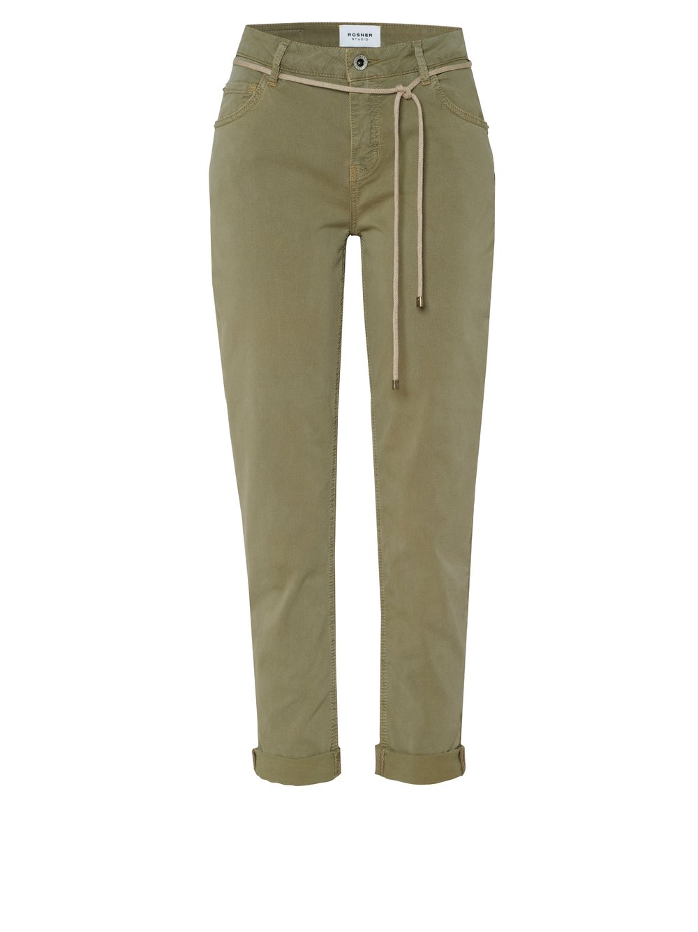 Womens jeans Masha Belt in khaki, summer trousers with tie belt and turn-up hem, product view