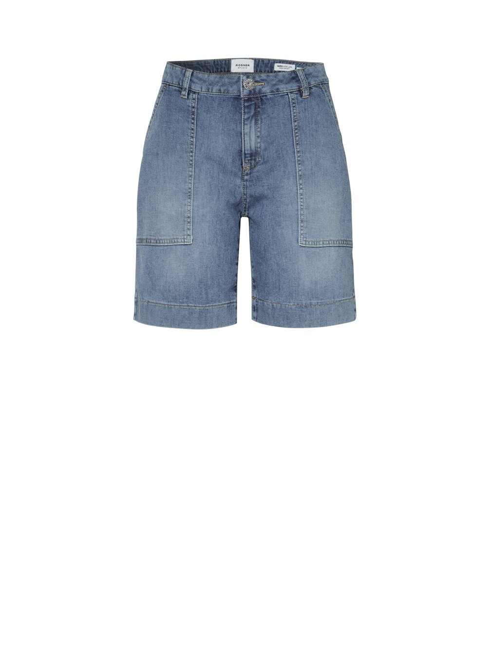 Womens shorts Mara Shorts in mid blue, denim shorts with framed pockets, product view