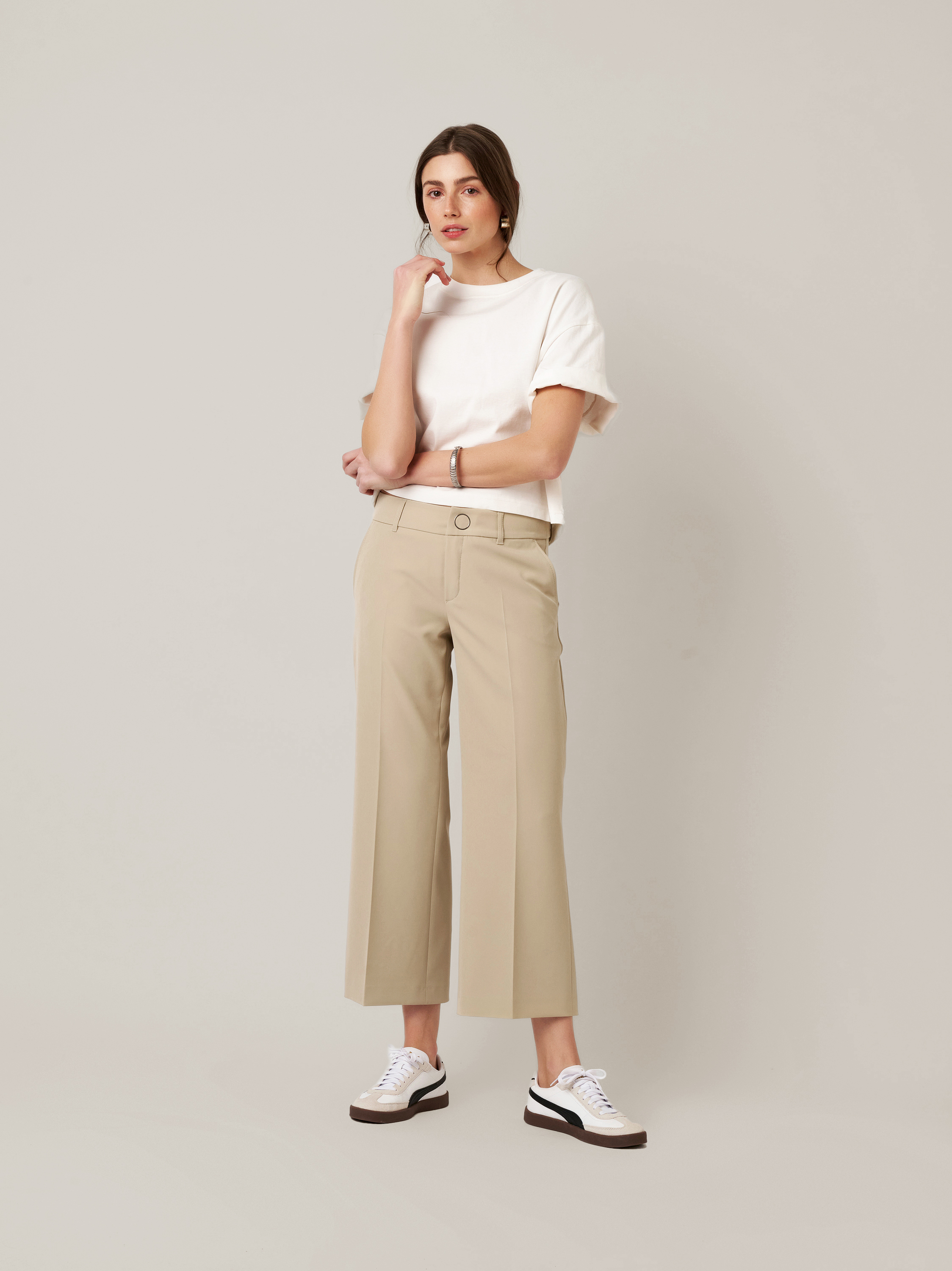 Womens trousers May Culotte in sand, fluid culottes in crepe, outfit view worn by model