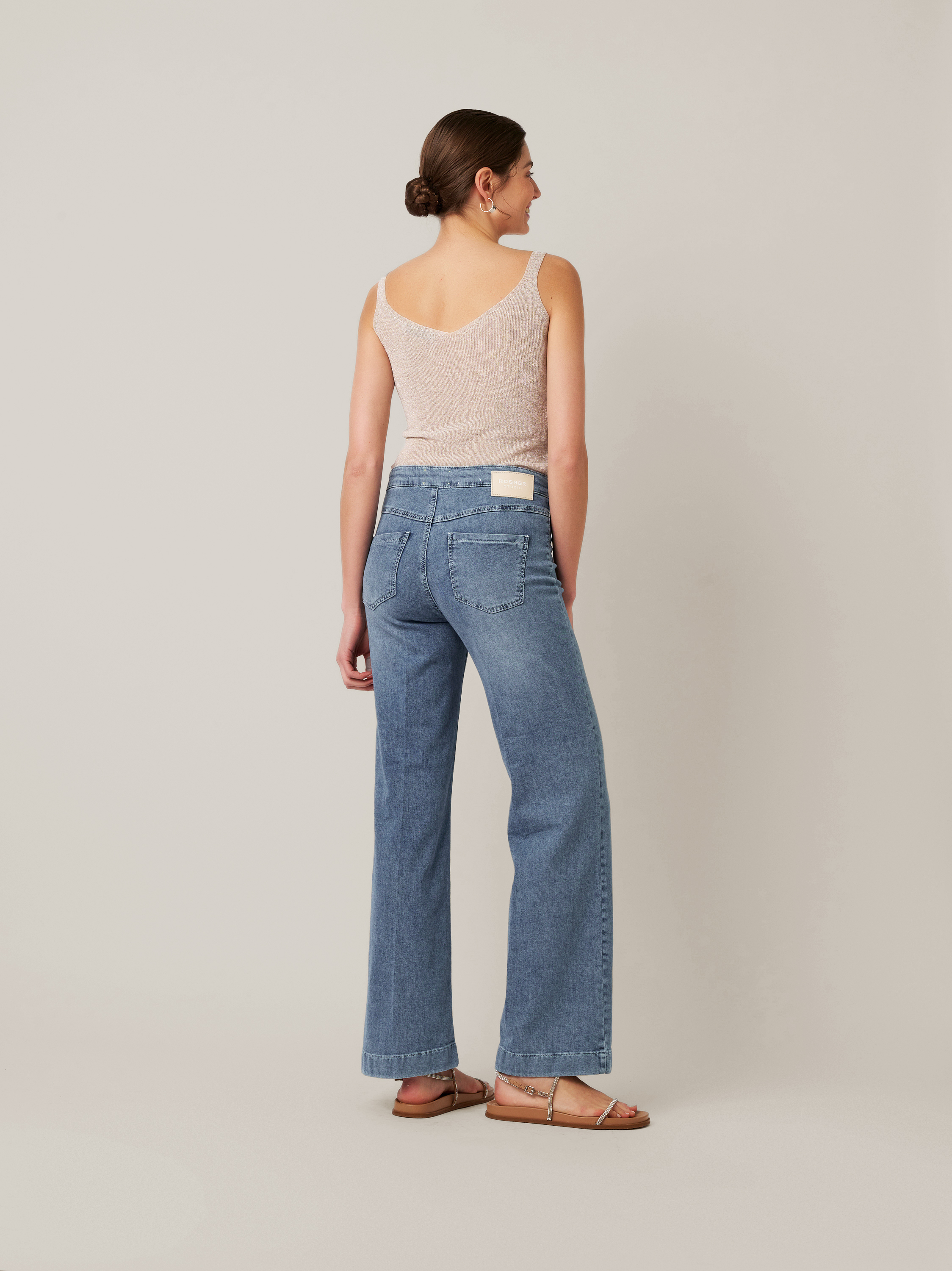 Womens jeans Audrey Sailor in bleached blue, bootcut jeans with sailor front, back view worn by model