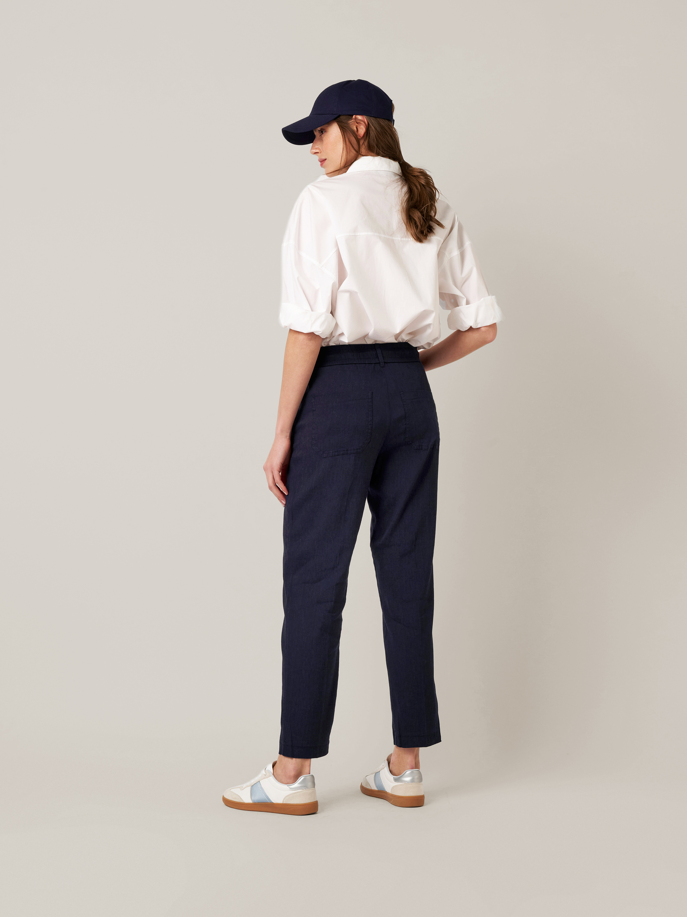 Womens trousers May Slim in navy, slim-fit linen trousers, back view worn by model