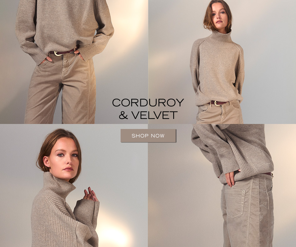 Woman wearing beige corduroy trousers and turtleneck sweater – visual for the ROSNER STUDIO Cord & Velvet category.