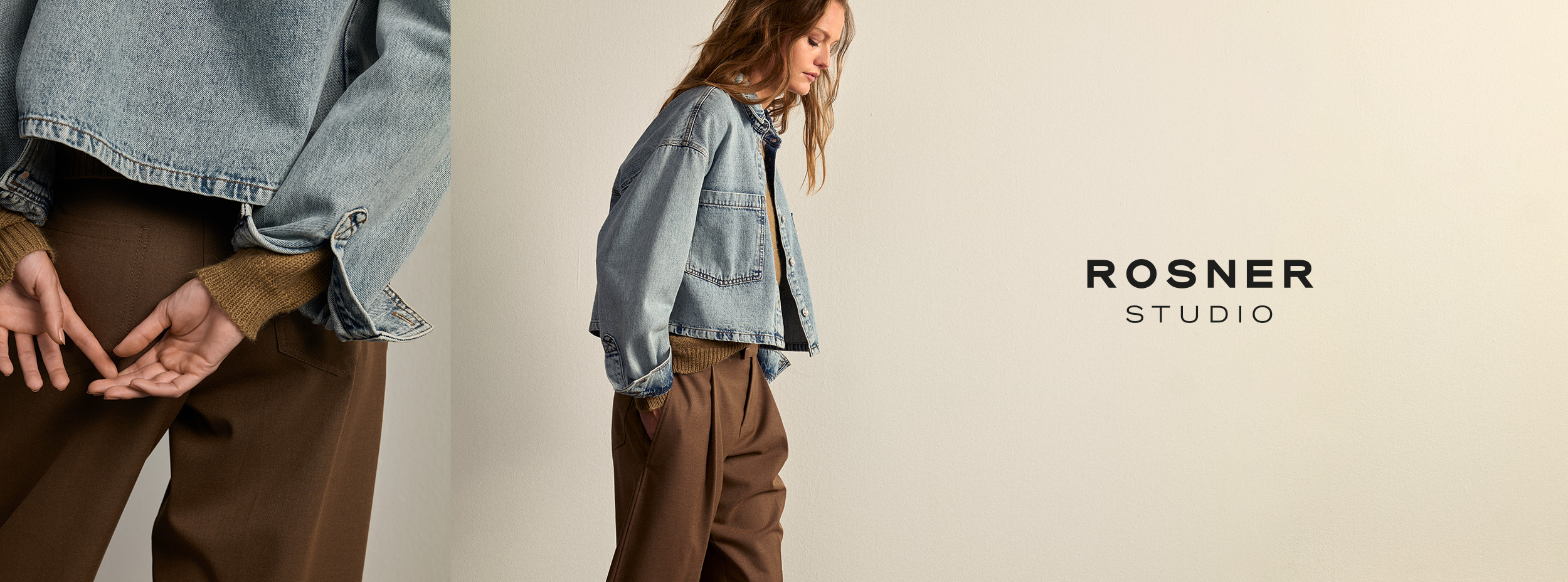 Show all – explore looks by ROSNER STUDIO Woman wearing brown pleated trousers, knit sweater and denim jacket – modern look by ROSNER STUDIO.