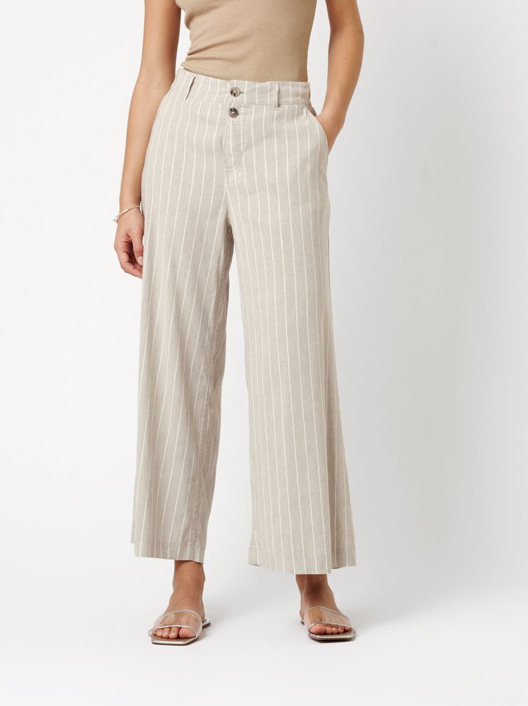 Womens trousers Mara Wide in grey / gold, linen trousers with subtly shimmering stripes, front view worn by model