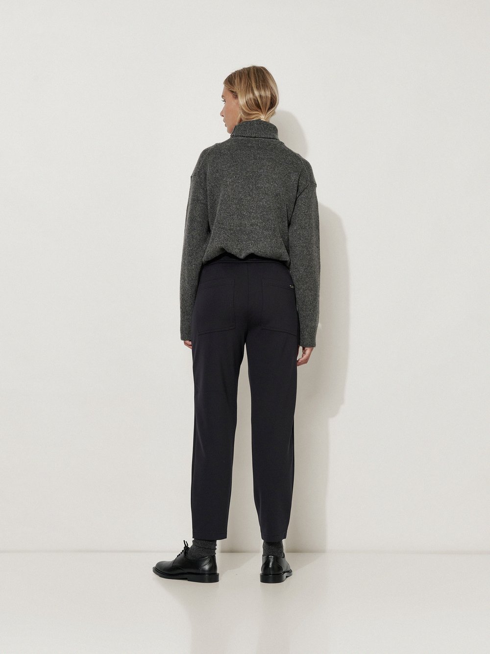 Womens trousers Mara Casual in Black, tapered-fit trousers in scuba fabric, back view worn by model