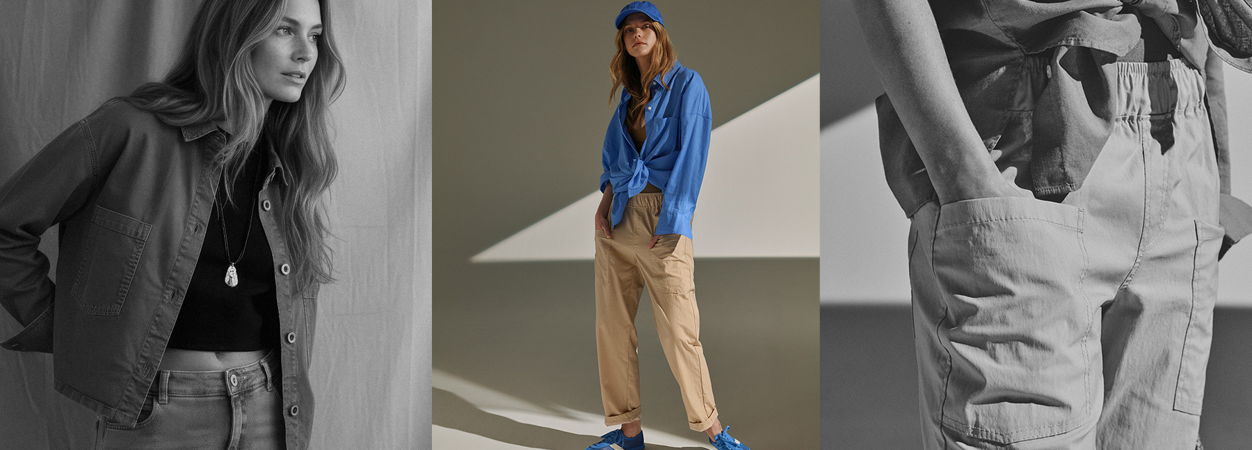 Collage featuring a model in a utility look with jacket and trousers plus pocket detail – teaser for the Rosner Soft Utility collection