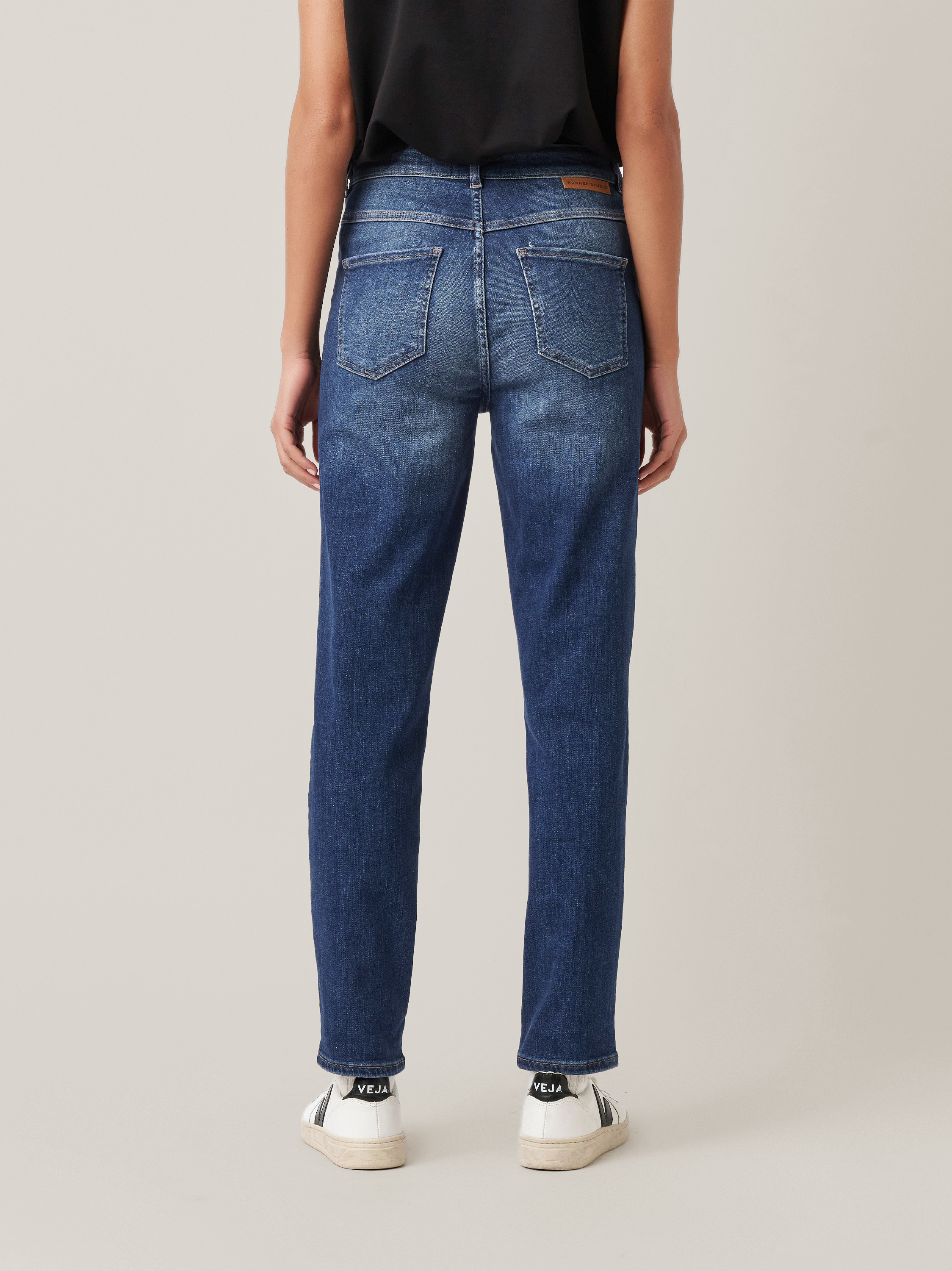 Womens jeans Audrey1 in mid blue, high waist jeans, back view worn by model