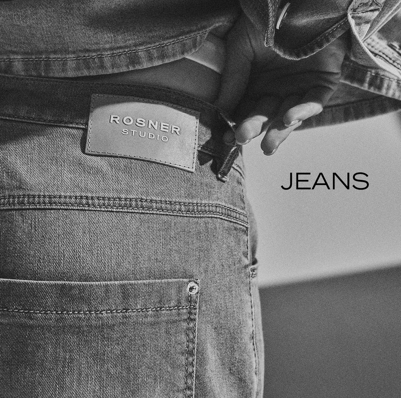 Close-up of ROSNER jeans featuring label and denim details – teaser for the jeans category